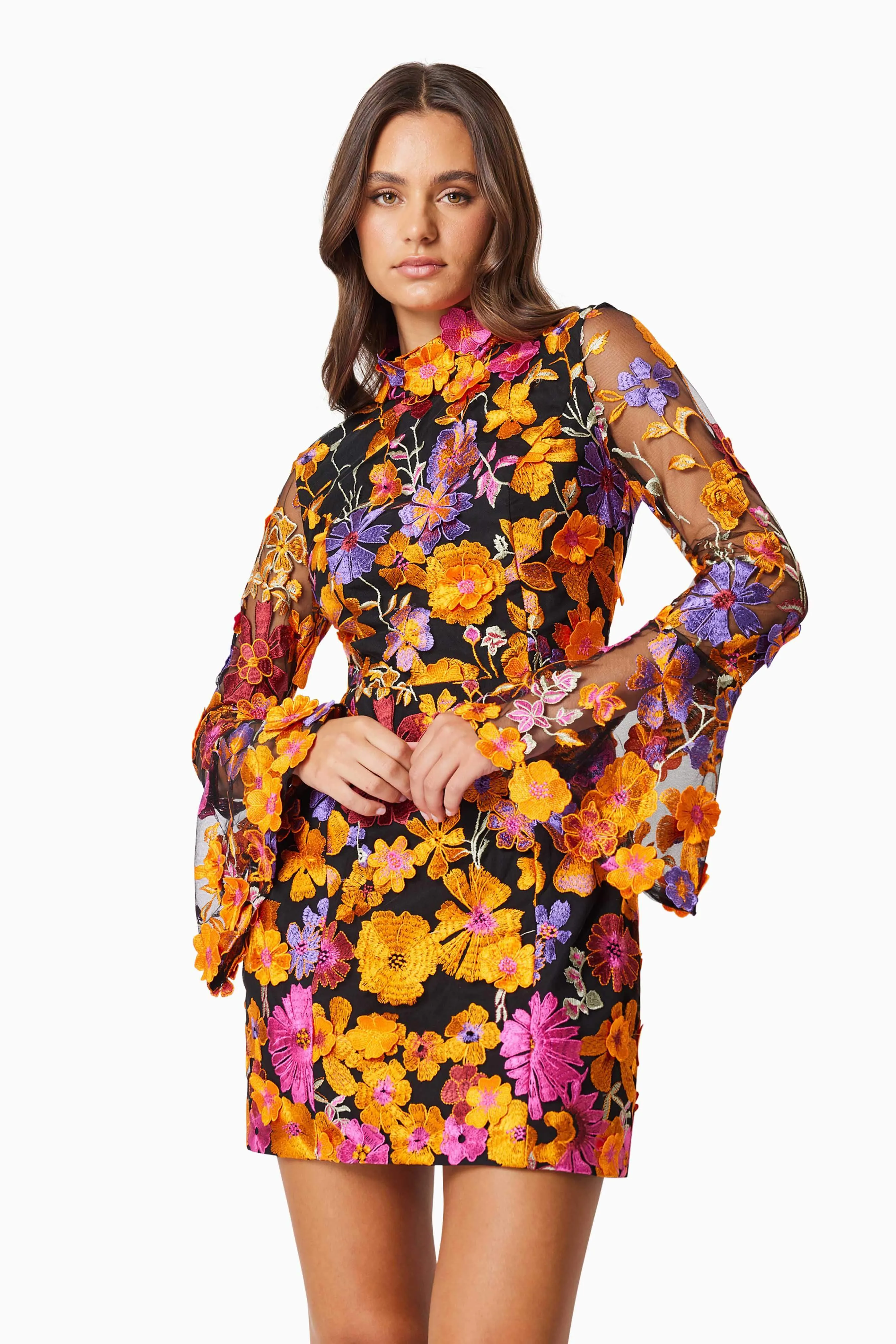 Alessandra Floral Long Sleeve Mini Dress In Orange