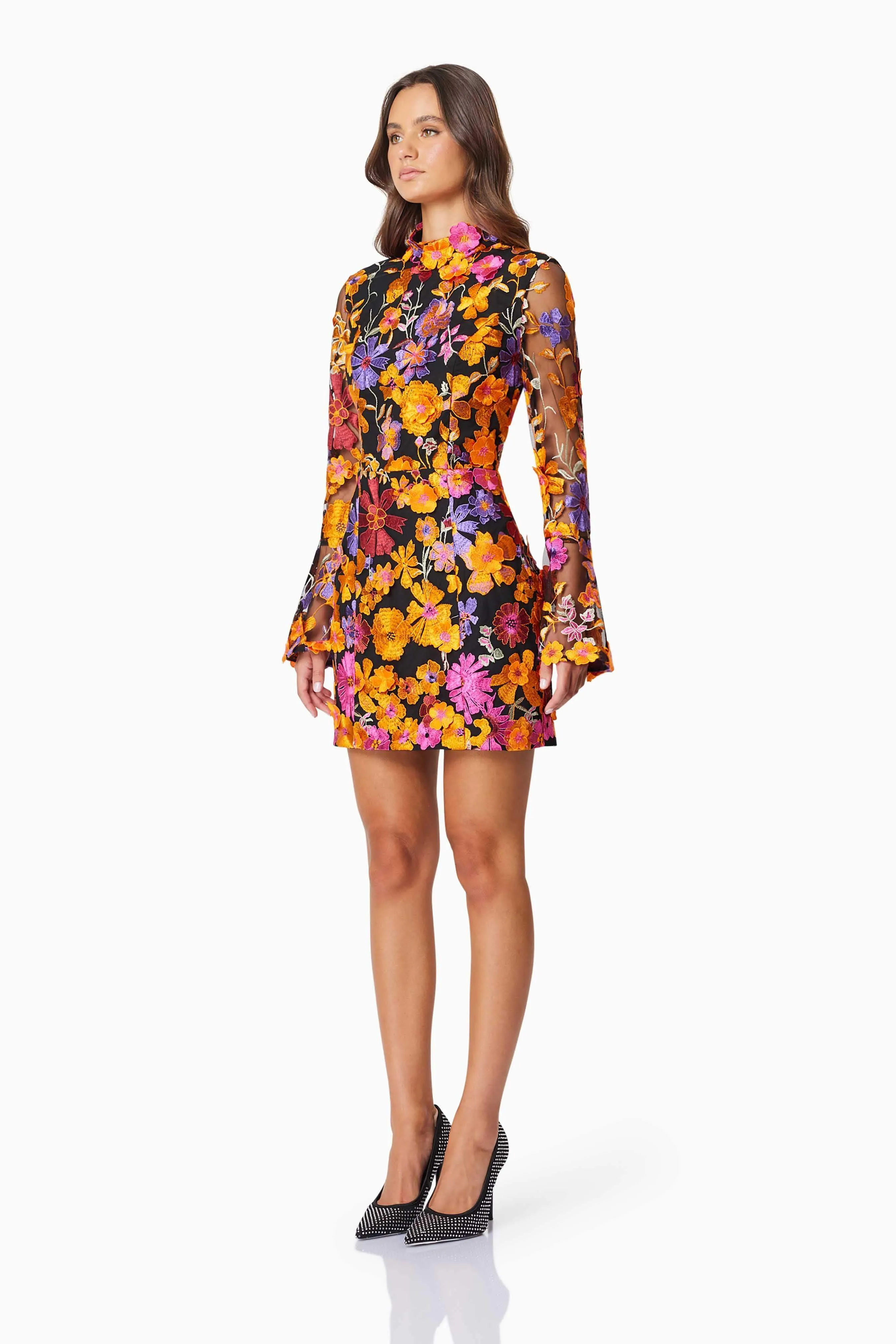 Alessandra Floral Long Sleeve Mini Dress In Orange