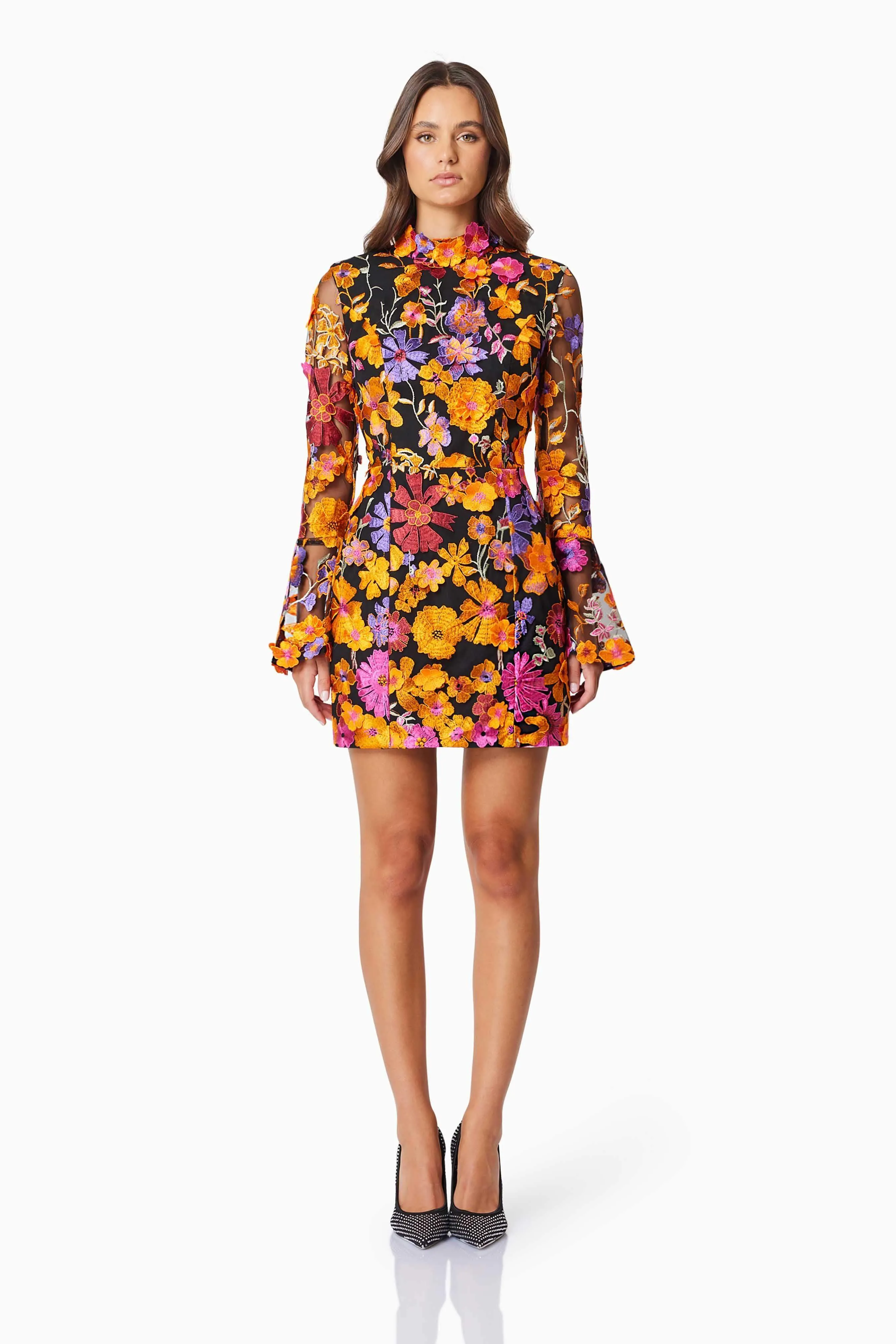 Alessandra Floral Long Sleeve Mini Dress In Orange