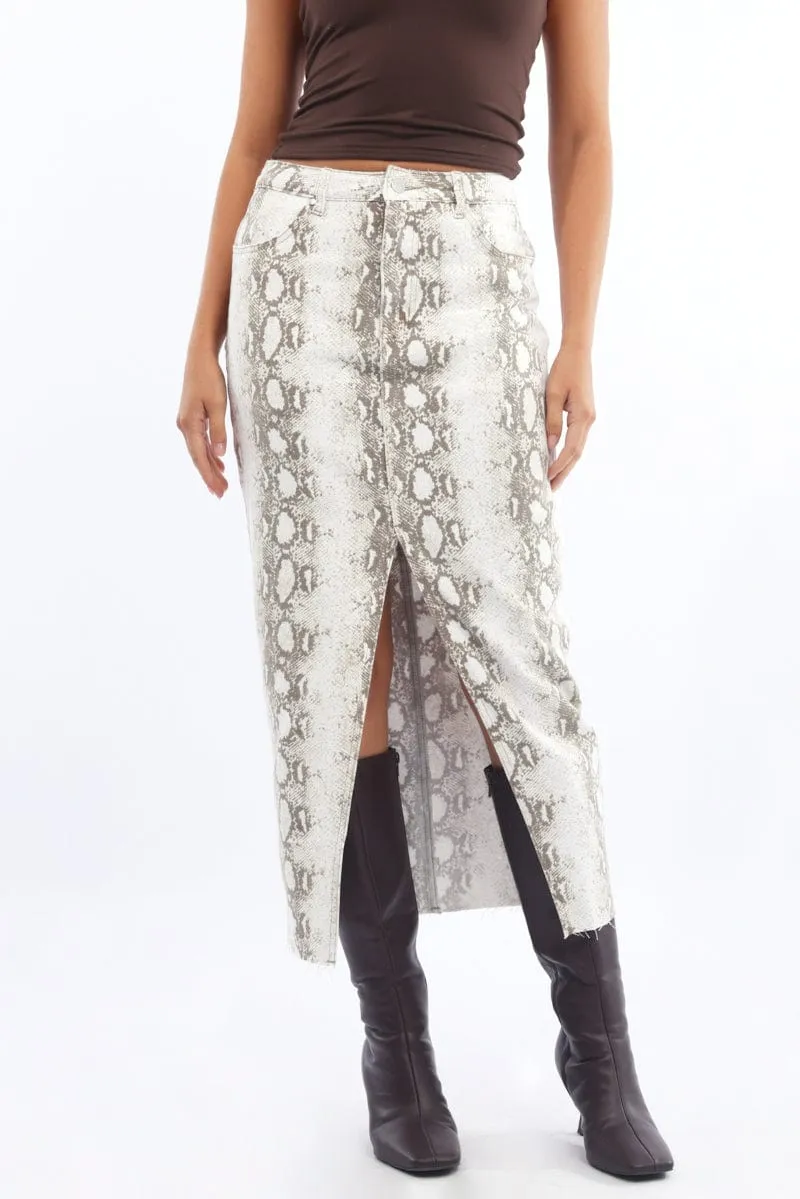 Beige Animal Print Snake Skin Skirt High Rise Front Split
