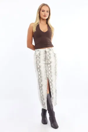 Beige Animal Print Snake Skin Skirt High Rise Front Split