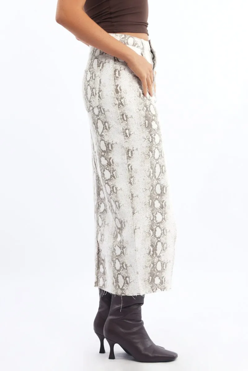 Beige Animal Print Snake Skin Skirt High Rise Front Split