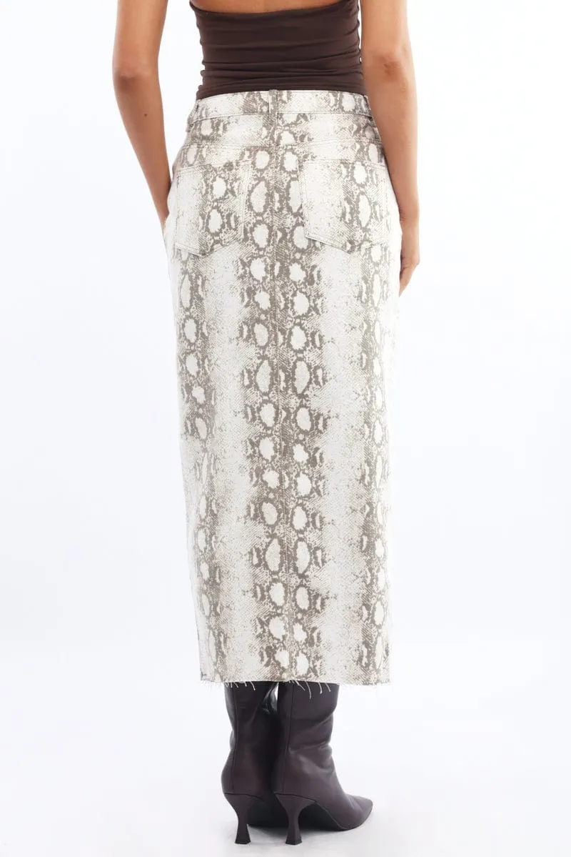 Beige Animal Print Snake Skin Skirt High Rise Front Split