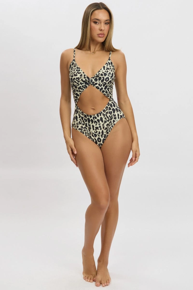 Brown Animal Print Cut Out One Piece Swimsuit