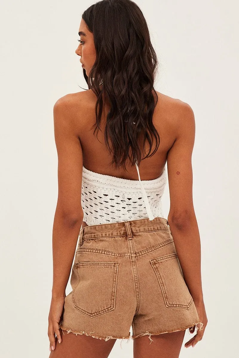 Brown Mid Rise Denim Shorts