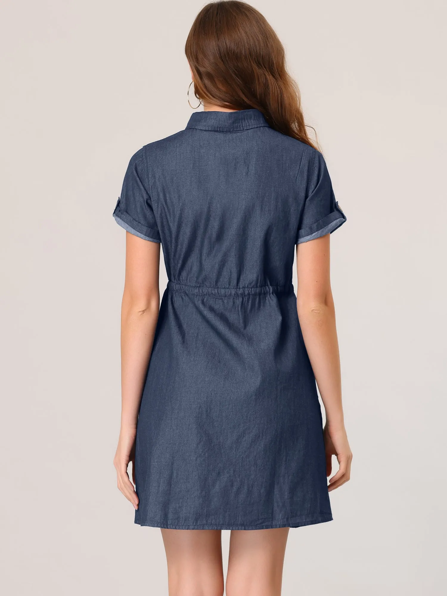 Chambray Tie Waist Summer Casual Button Down Denim Dress