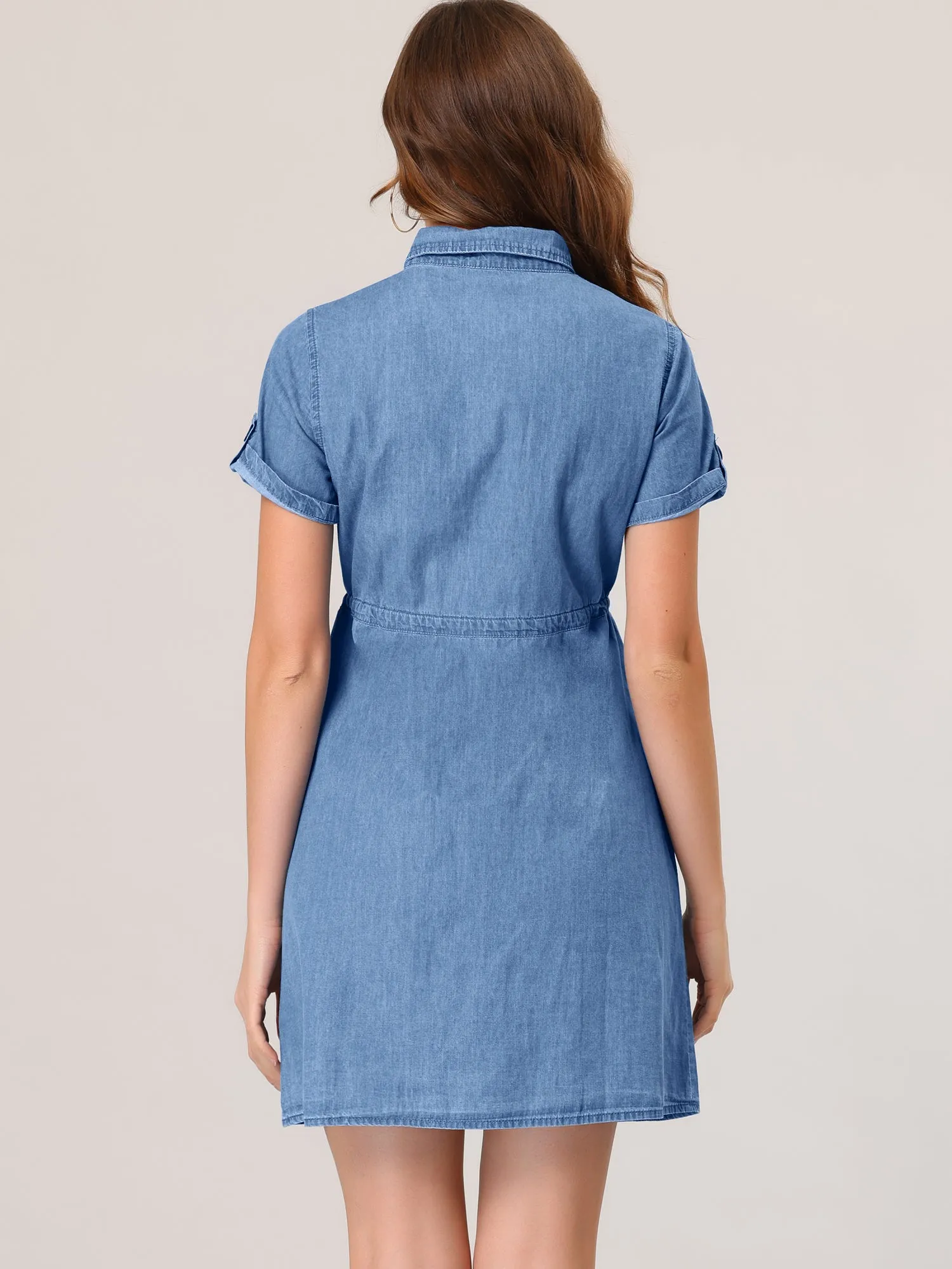 Chambray Tie Waist Summer Casual Button Down Denim Dress