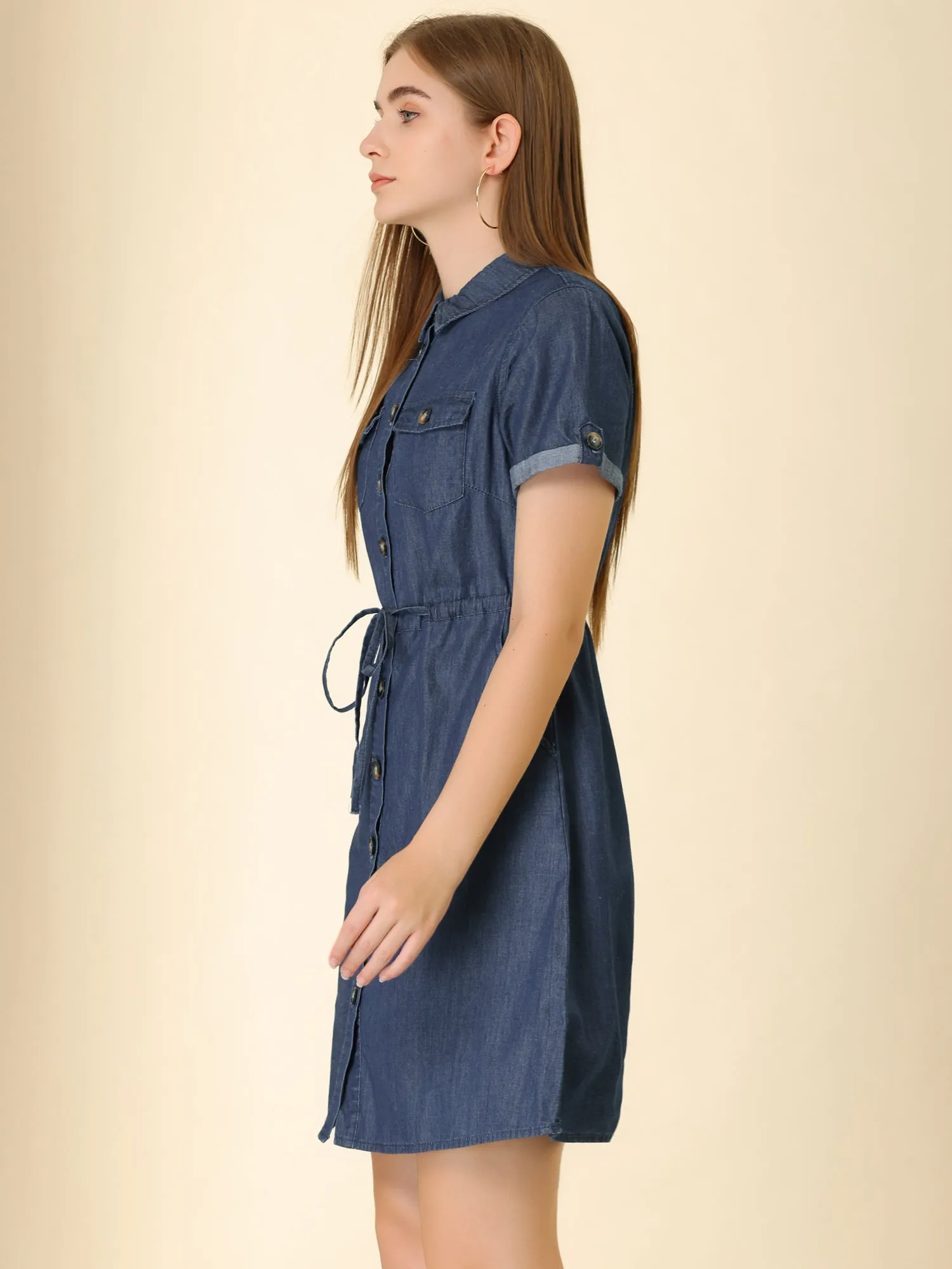 Chambray Tie Waist Summer Casual Button Down Denim Dress