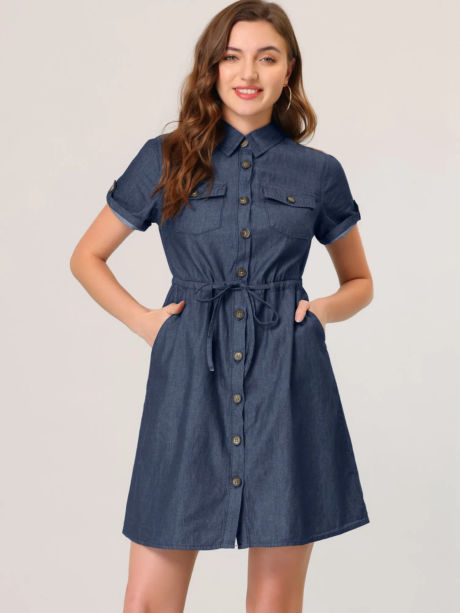 Chambray Tie Waist Summer Casual Button Down Denim Dress