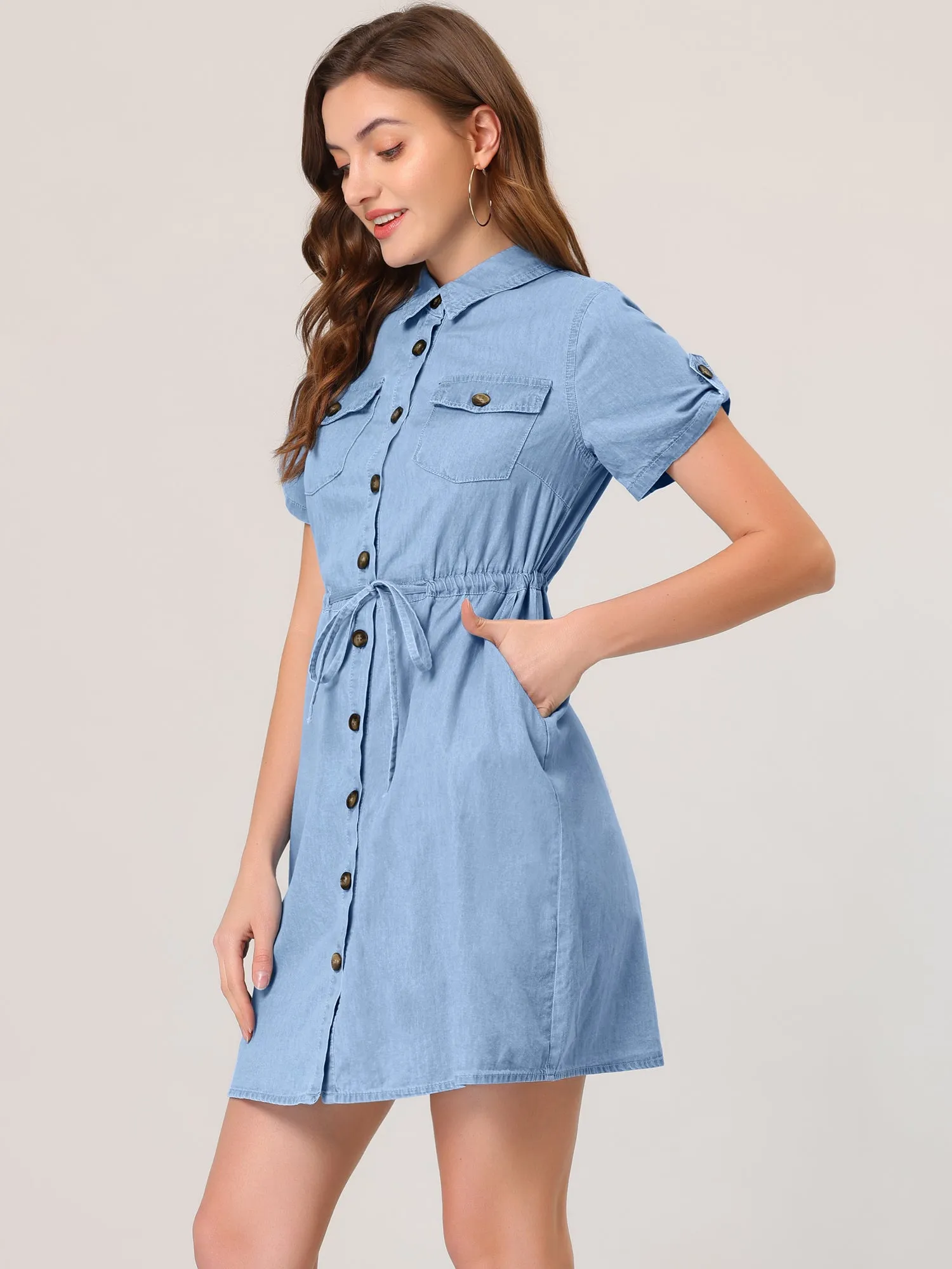 Chambray Tie Waist Summer Casual Button Down Denim Dress