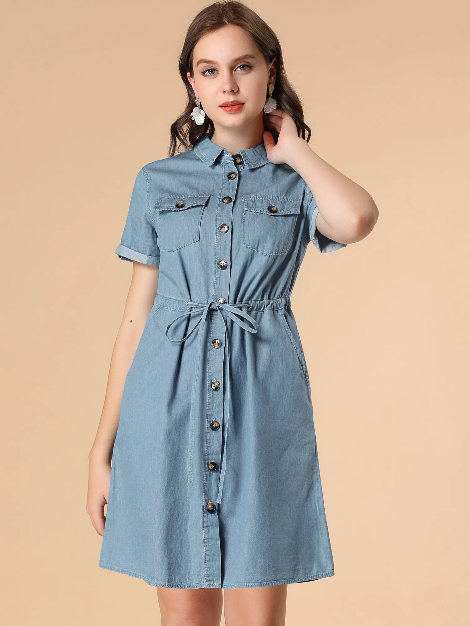 Chambray Tie Waist Summer Casual Button Down Denim Dress