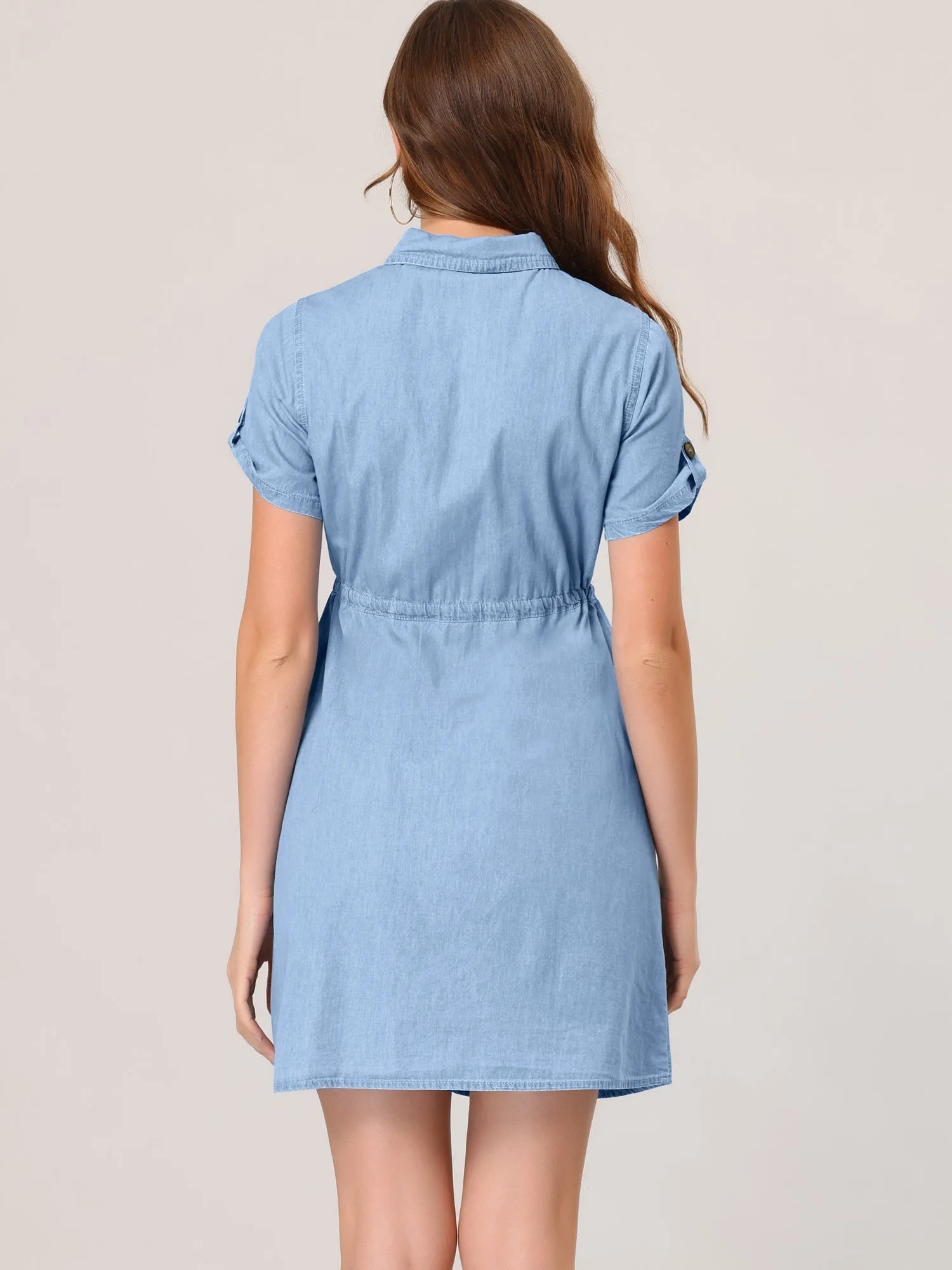 Chambray Tie Waist Summer Casual Button Down Denim Dress