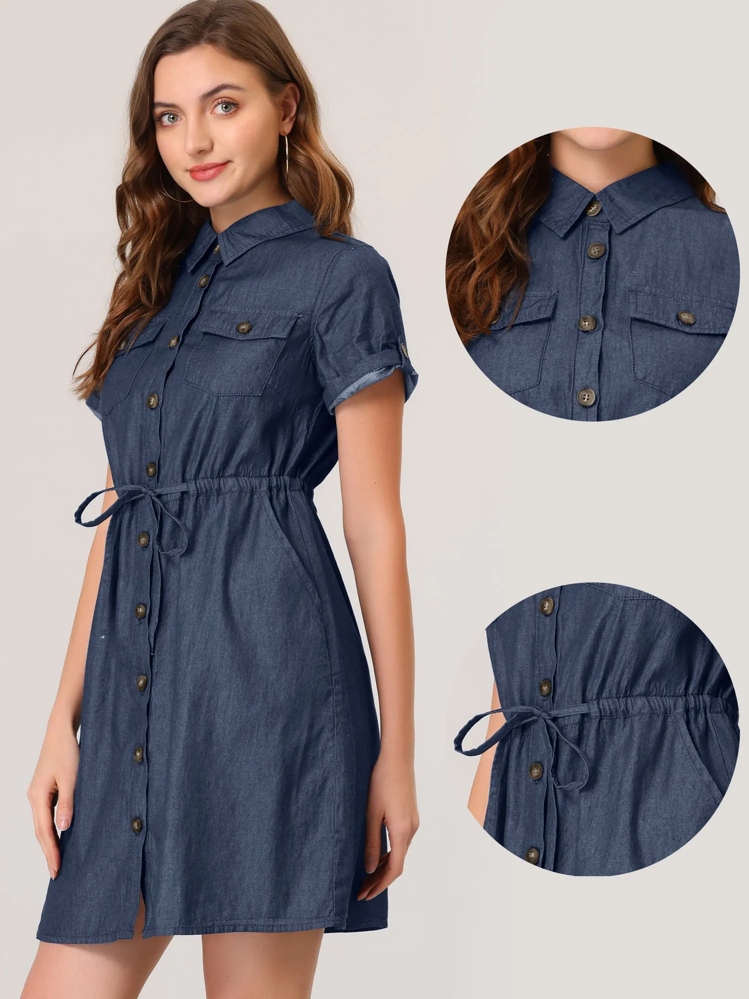 Chambray Tie Waist Summer Casual Button Down Denim Dress