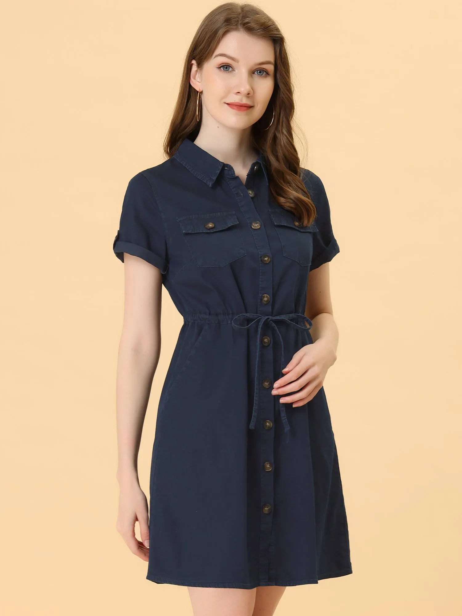 Chambray Tie Waist Summer Casual Button Down Denim Dress