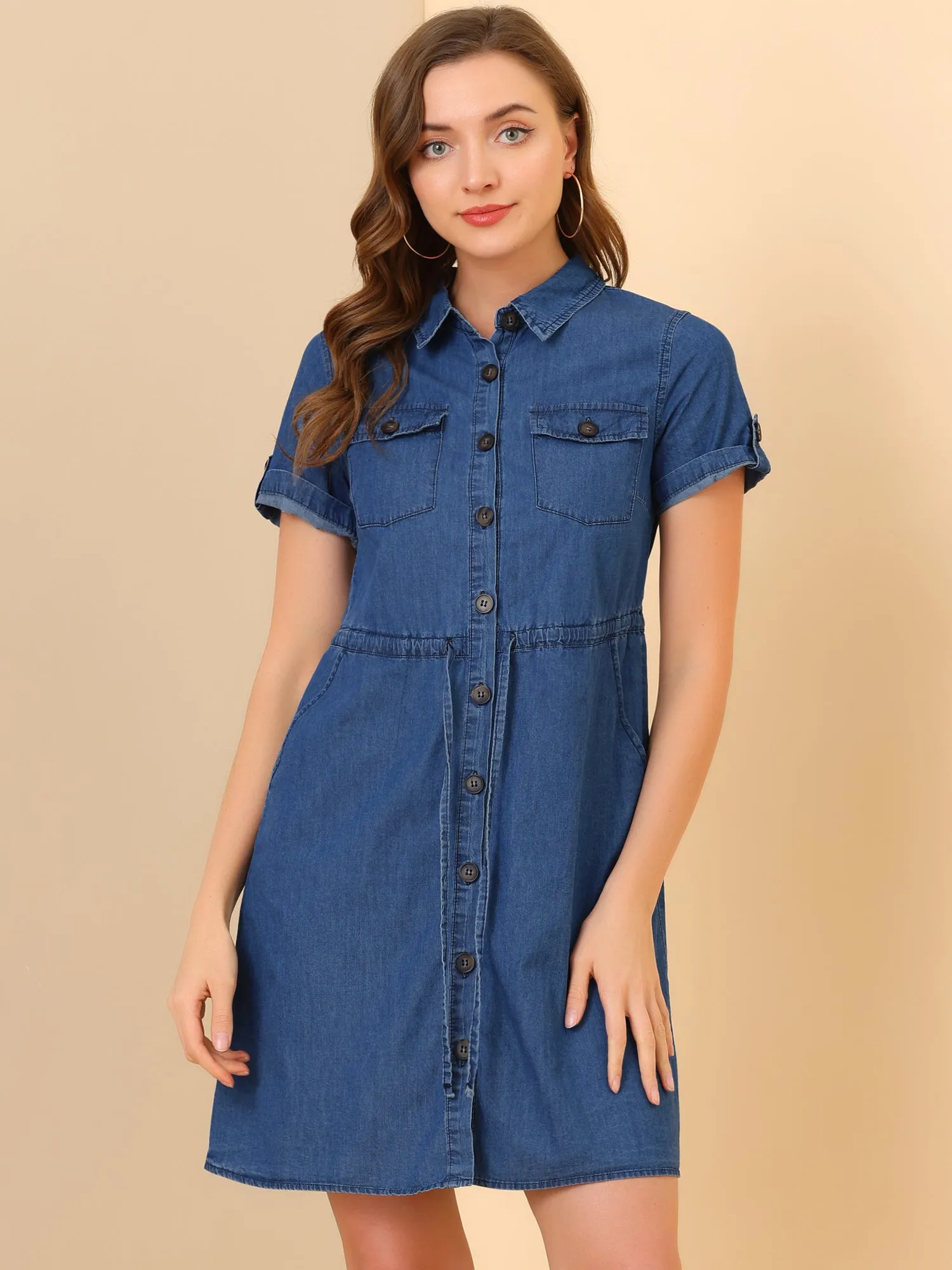 Chambray Tie Waist Summer Casual Button Down Denim Dress