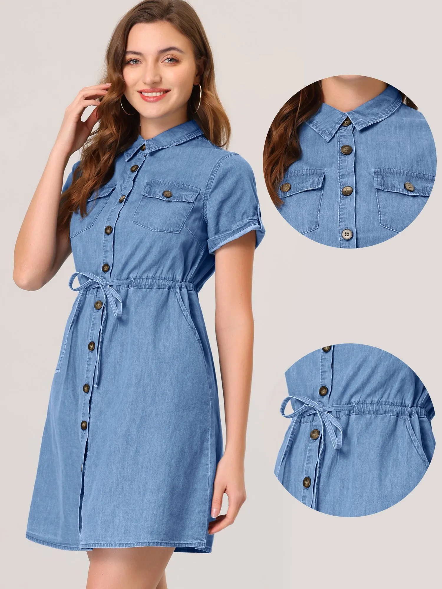 Chambray Tie Waist Summer Casual Button Down Denim Dress
