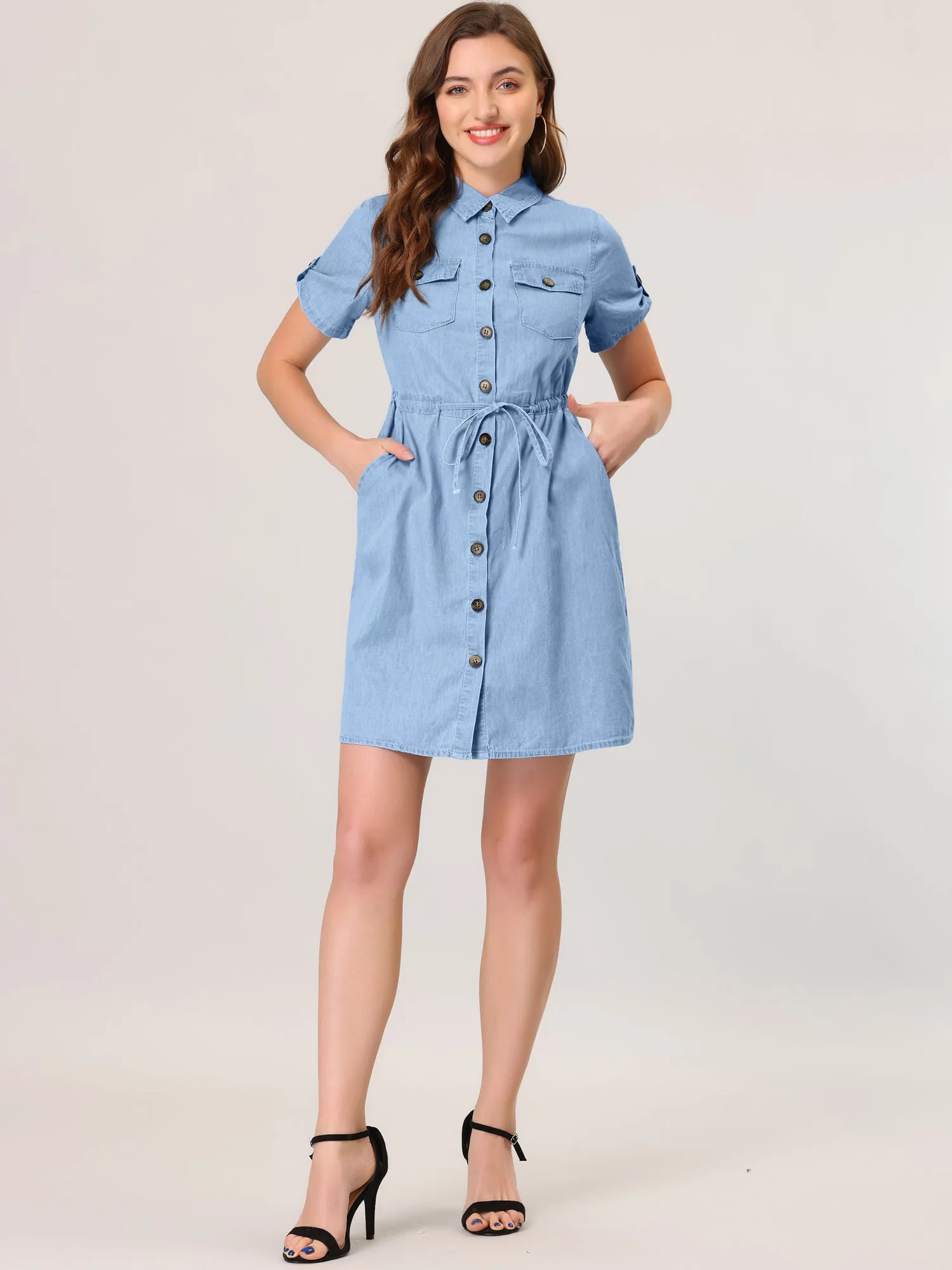 Chambray Tie Waist Summer Casual Button Down Denim Dress