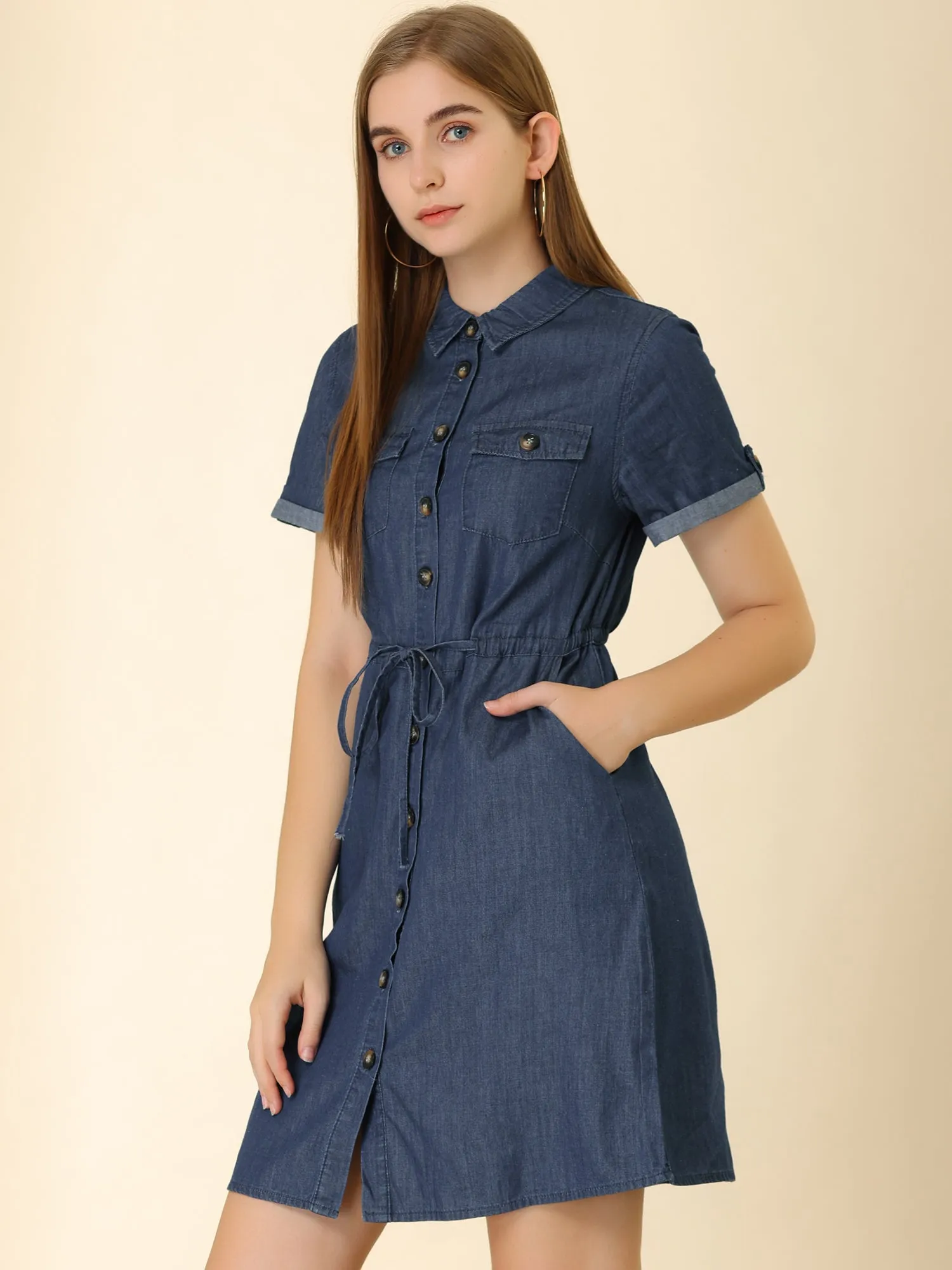 Chambray Tie Waist Summer Casual Button Down Denim Dress