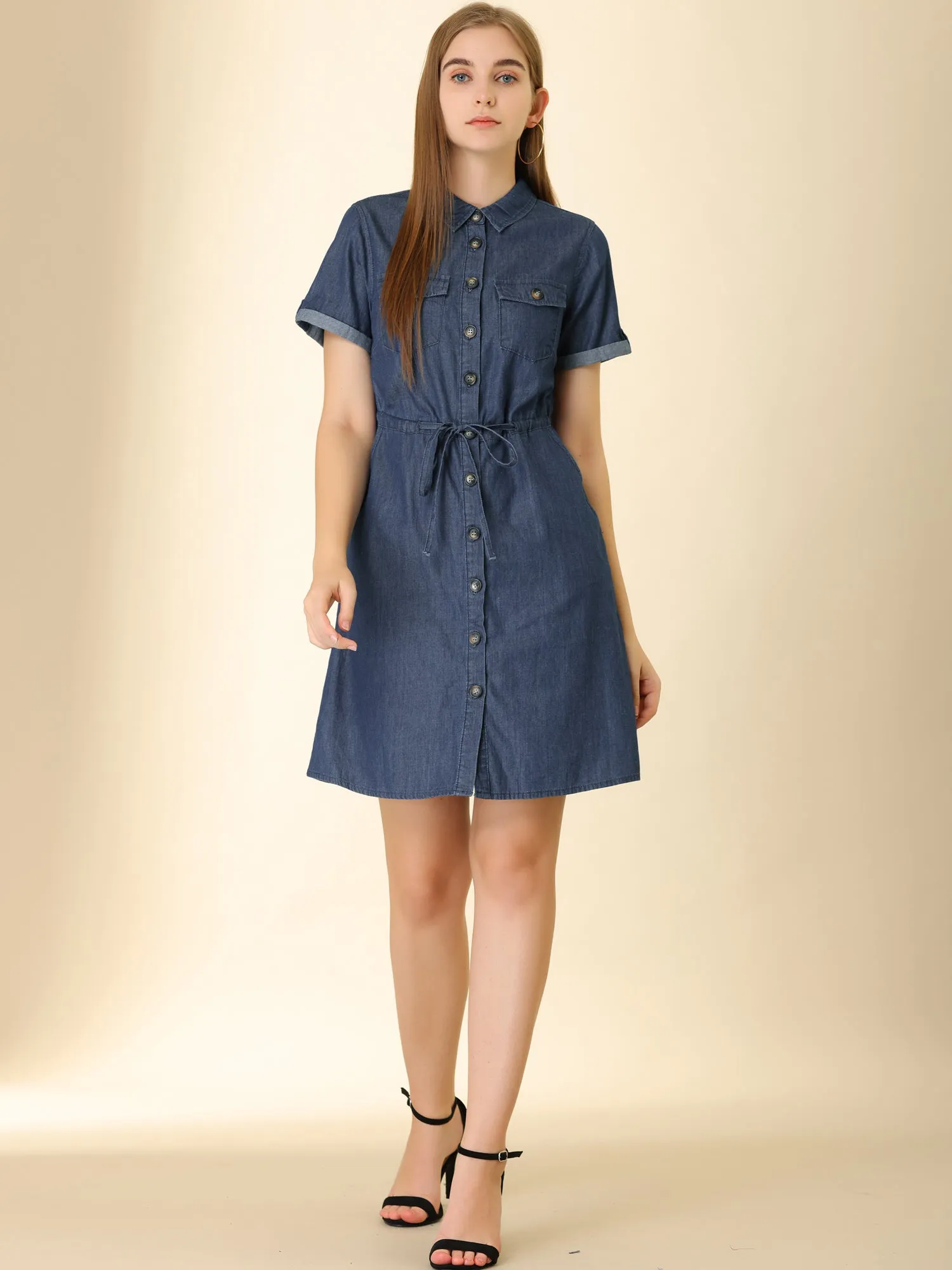 Chambray Tie Waist Summer Casual Button Down Denim Dress