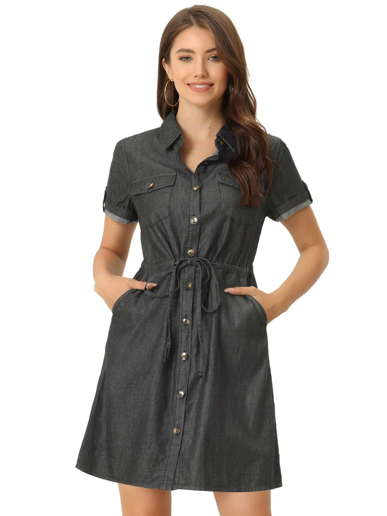 Chambray Tie Waist Summer Casual Button Down Denim Dress