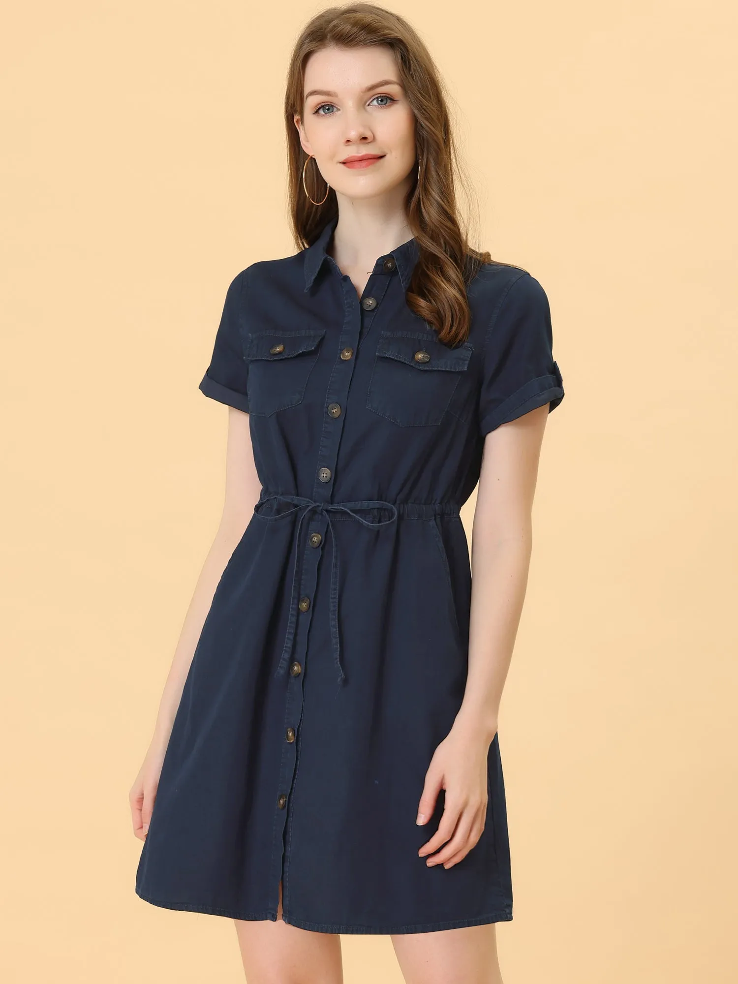 Chambray Tie Waist Summer Casual Button Down Denim Dress