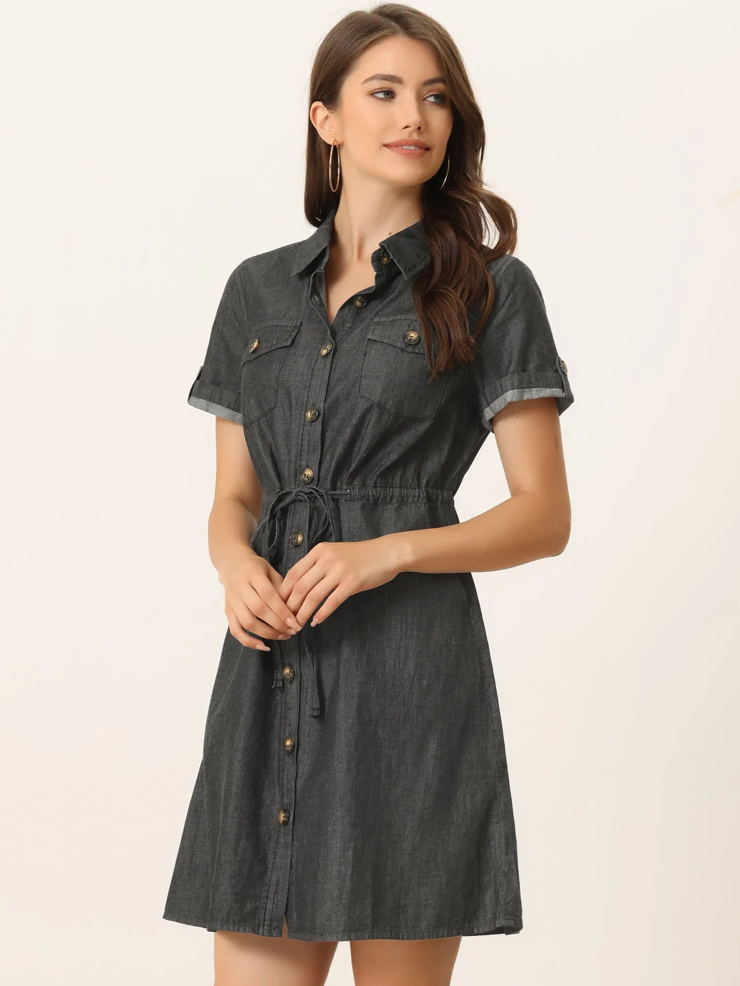 Chambray Tie Waist Summer Casual Button Down Denim Dress