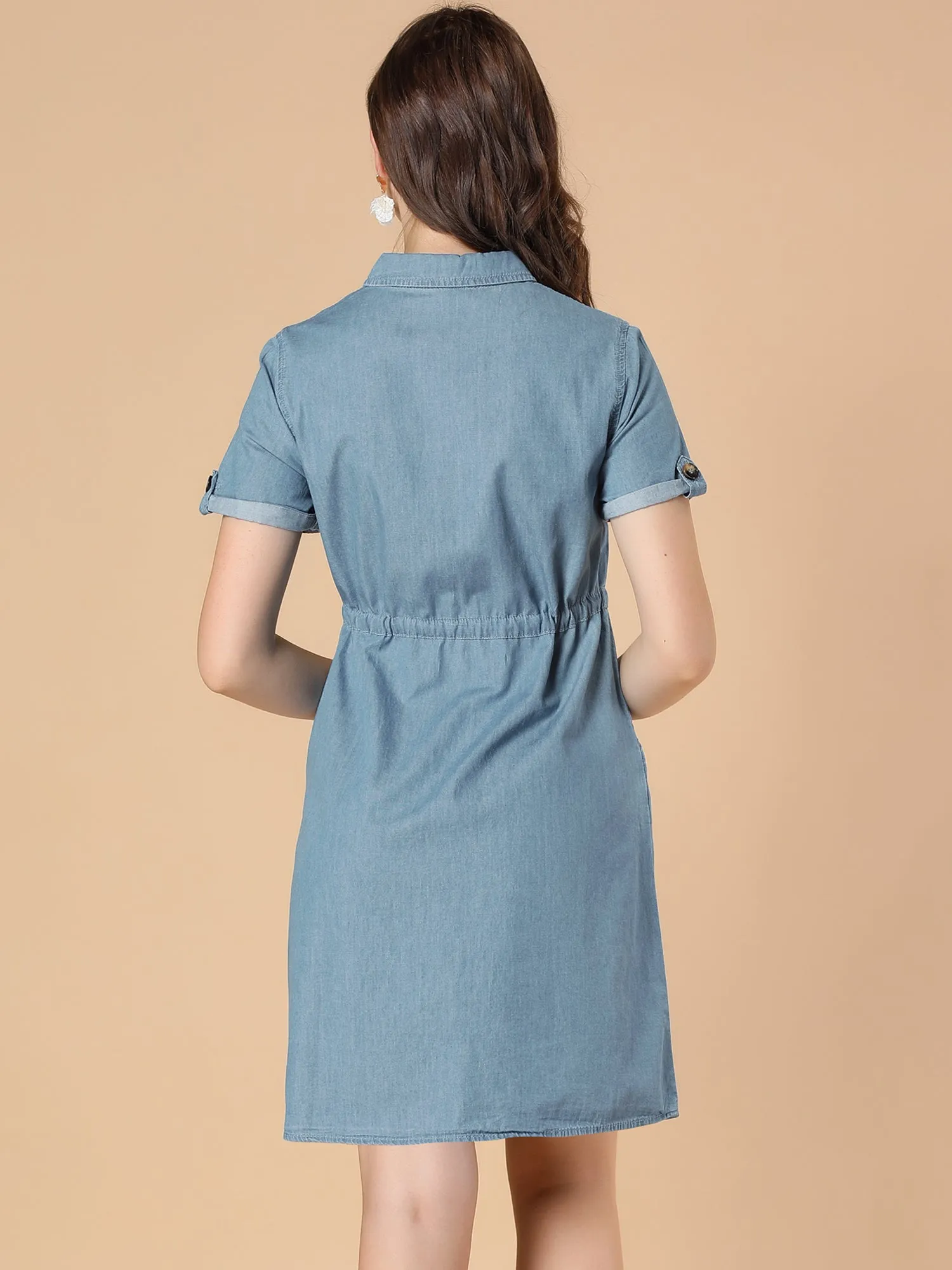 Chambray Tie Waist Summer Casual Button Down Denim Dress