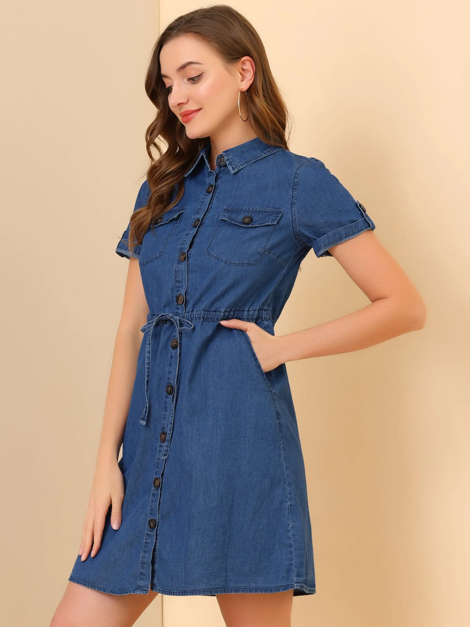 Chambray Tie Waist Summer Casual Button Down Denim Dress