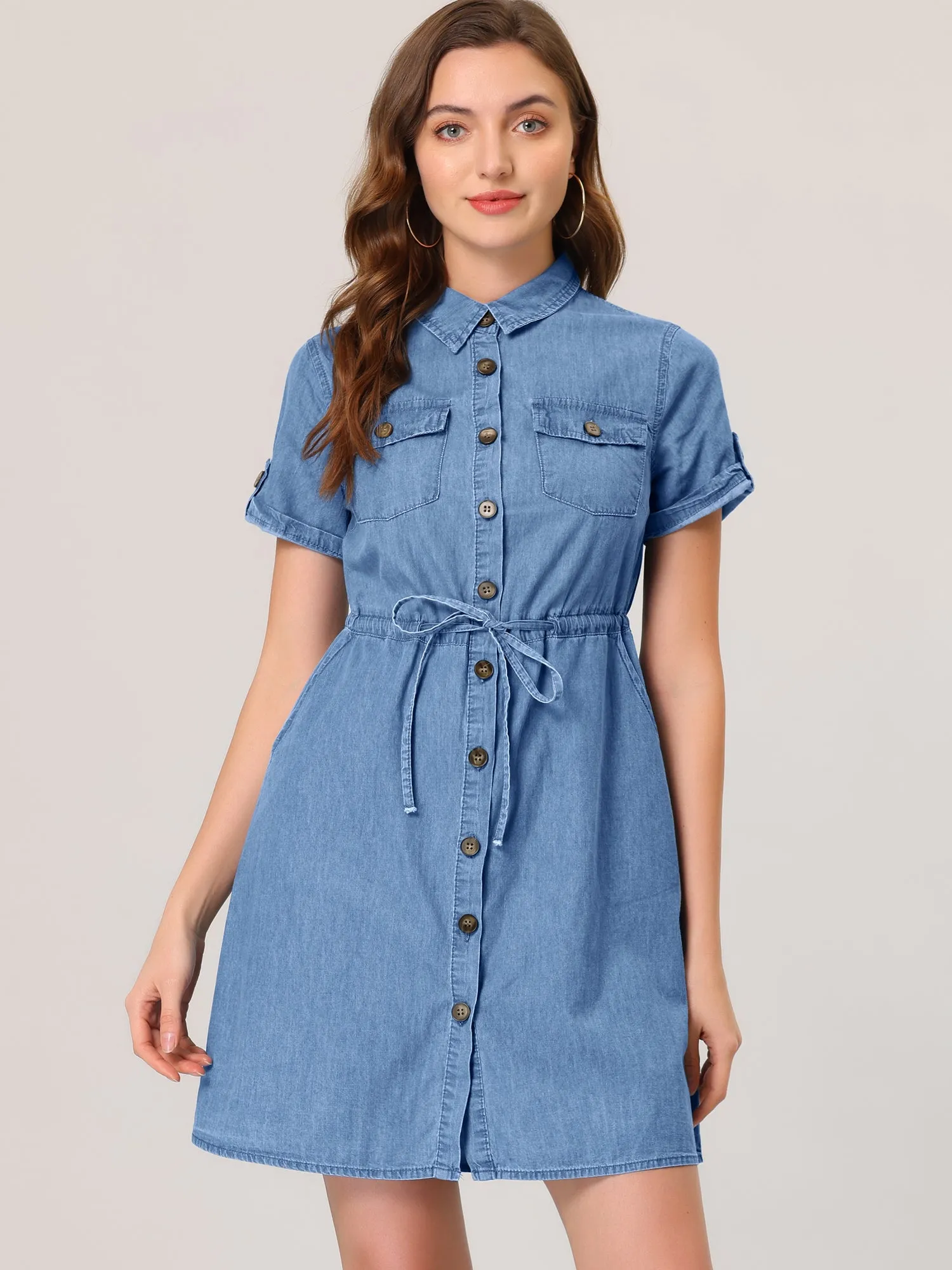 Chambray Tie Waist Summer Casual Button Down Denim Dress