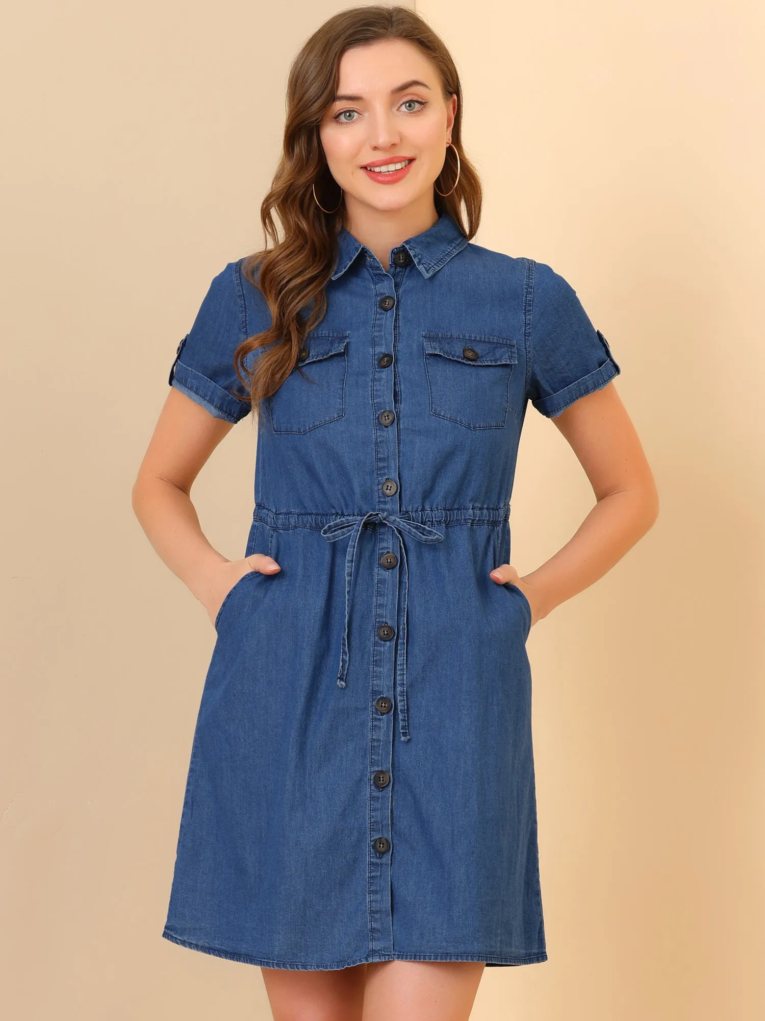 Chambray Tie Waist Summer Casual Button Down Denim Dress