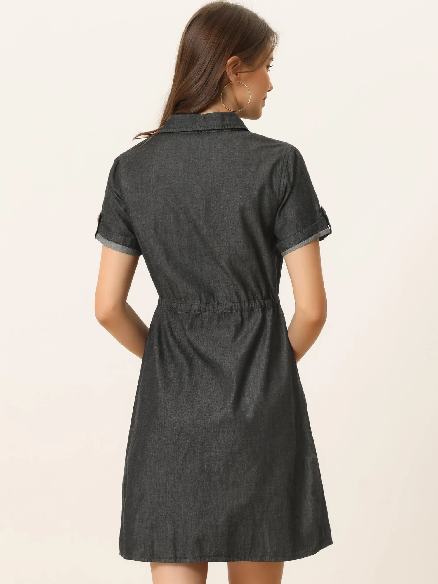 Chambray Tie Waist Summer Casual Button Down Denim Dress