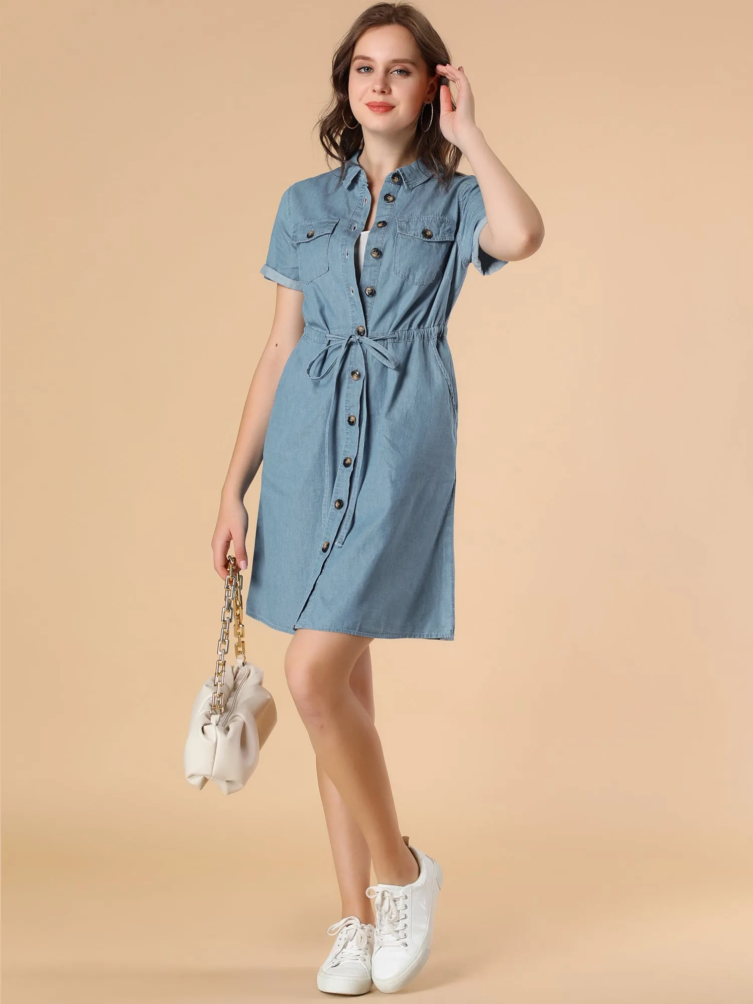 Chambray Tie Waist Summer Casual Button Down Denim Dress