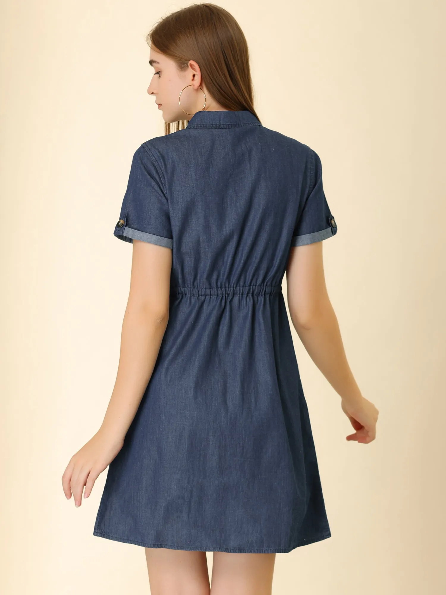 Chambray Tie Waist Summer Casual Button Down Denim Dress