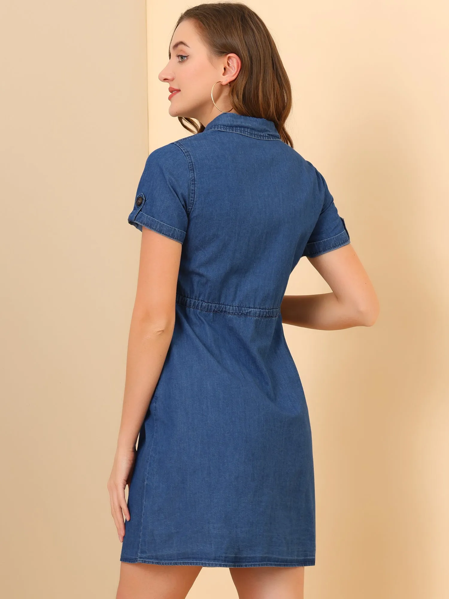 Chambray Tie Waist Summer Casual Button Down Denim Dress