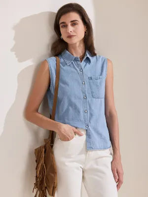 Collared Sleeveless Denim Button Down Pocket Blouse