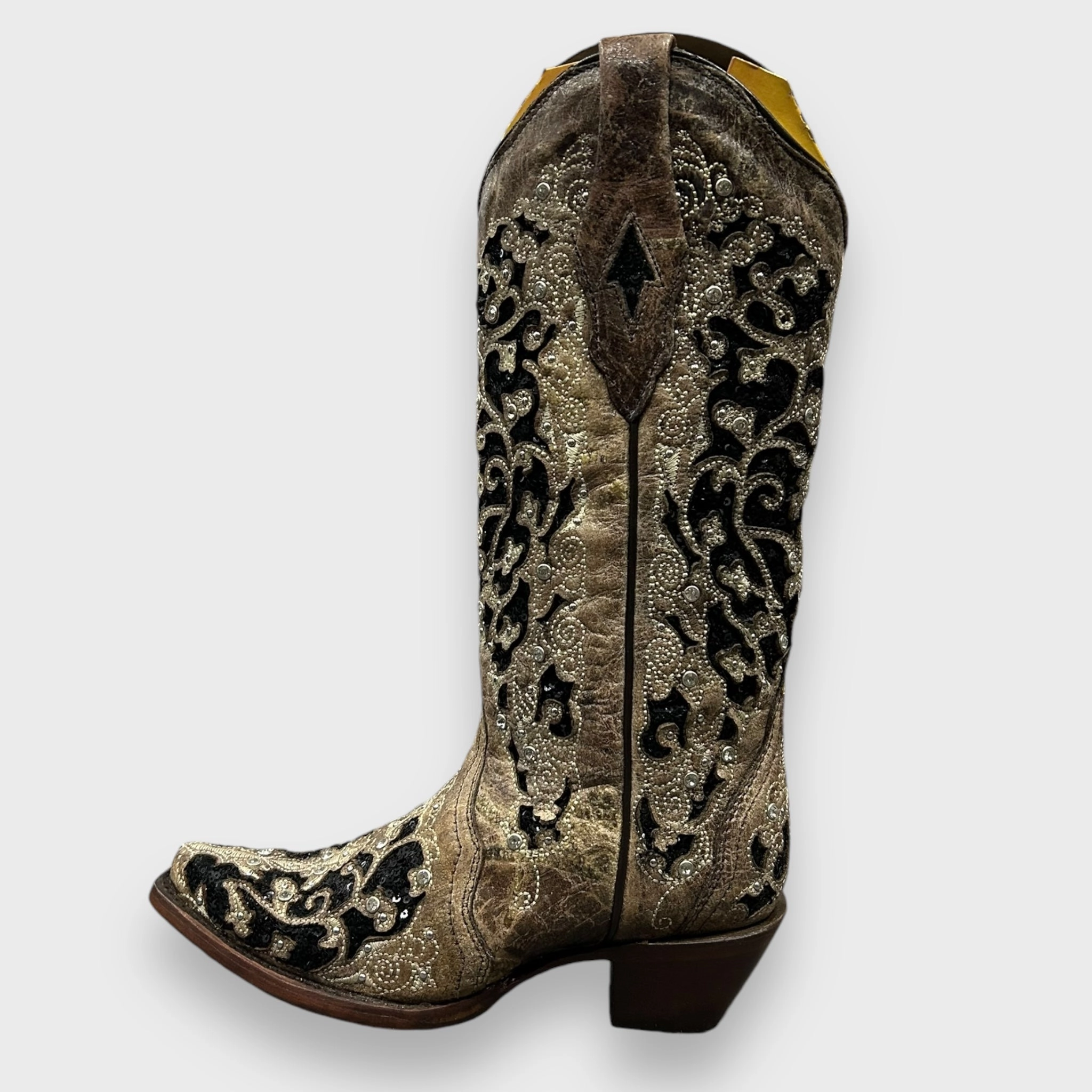 Corral A3569 Black Glitter Inlay Floral Overlay with Crystals and Studs Snip Toe Cowboy Boots