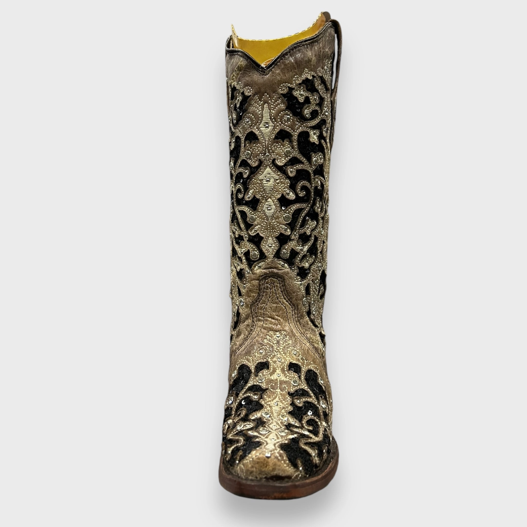 Corral A3569 Black Glitter Inlay Floral Overlay with Crystals and Studs Snip Toe Cowboy Boots