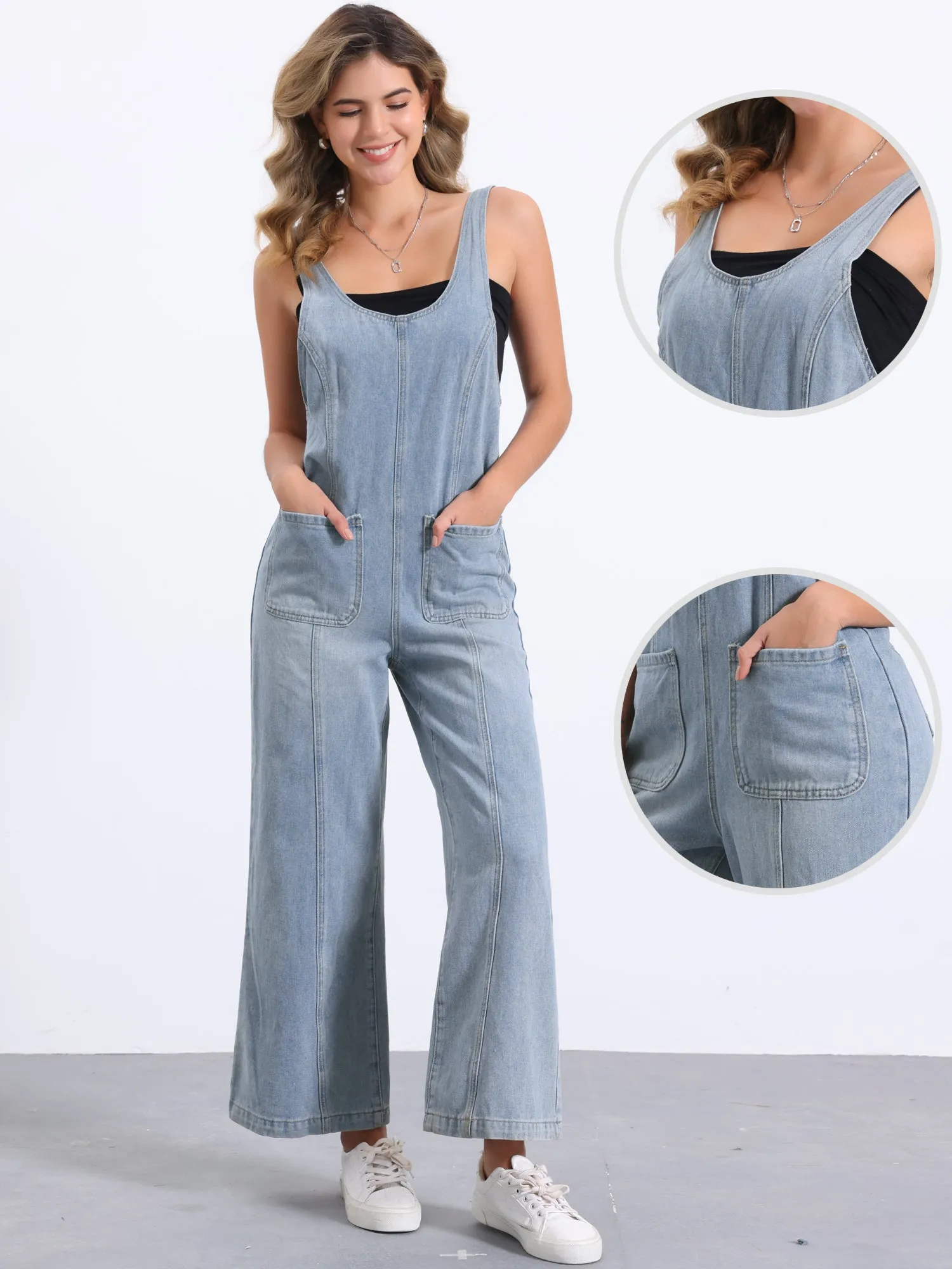 Denim Adjustable Strap Pocketed Wide Leg Jumpsuits
