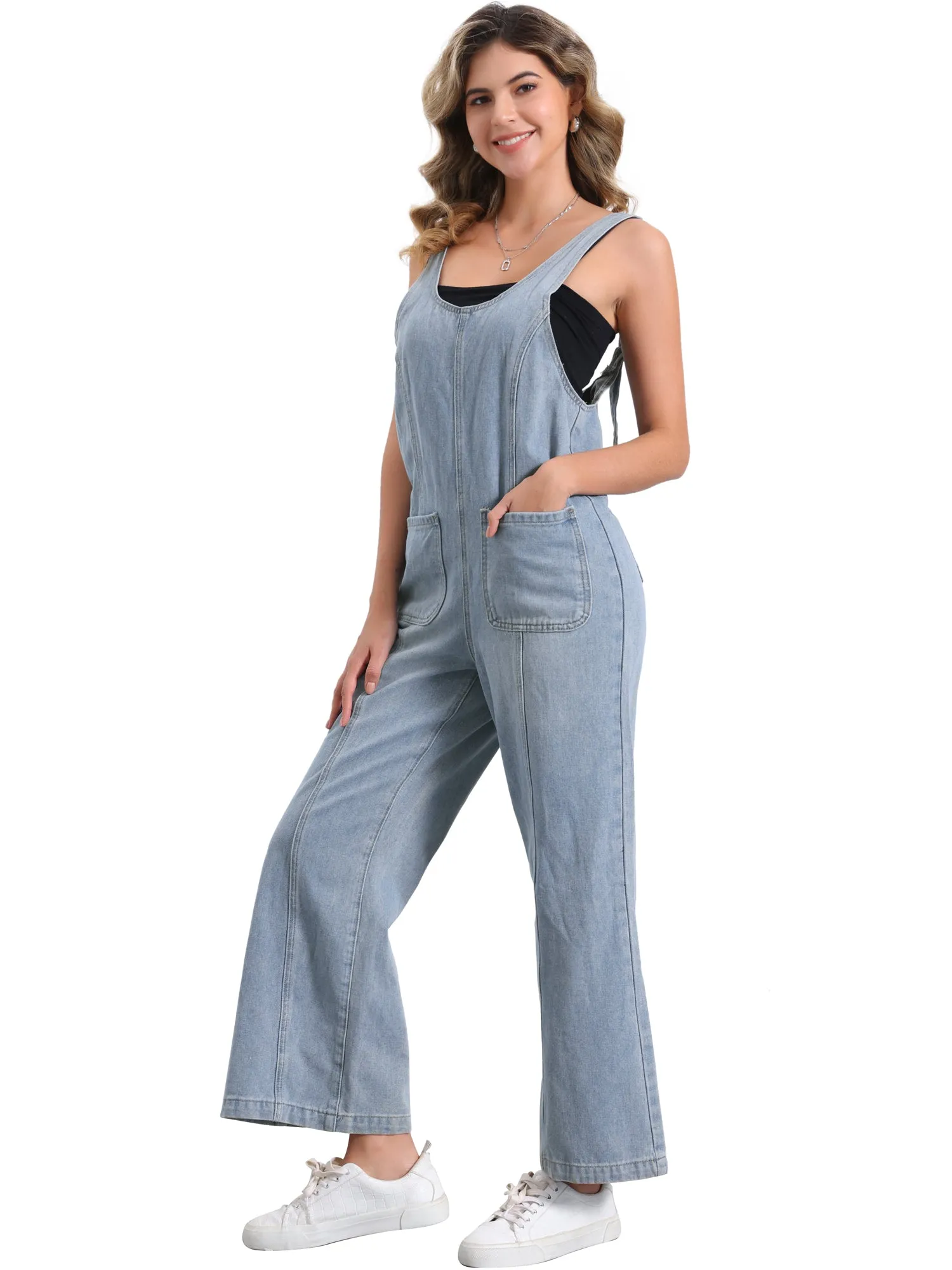 Denim Adjustable Strap Pocketed Wide Leg Jumpsuits