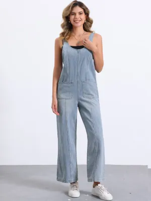 Denim Adjustable Strap Pocketed Wide Leg Jumpsuits