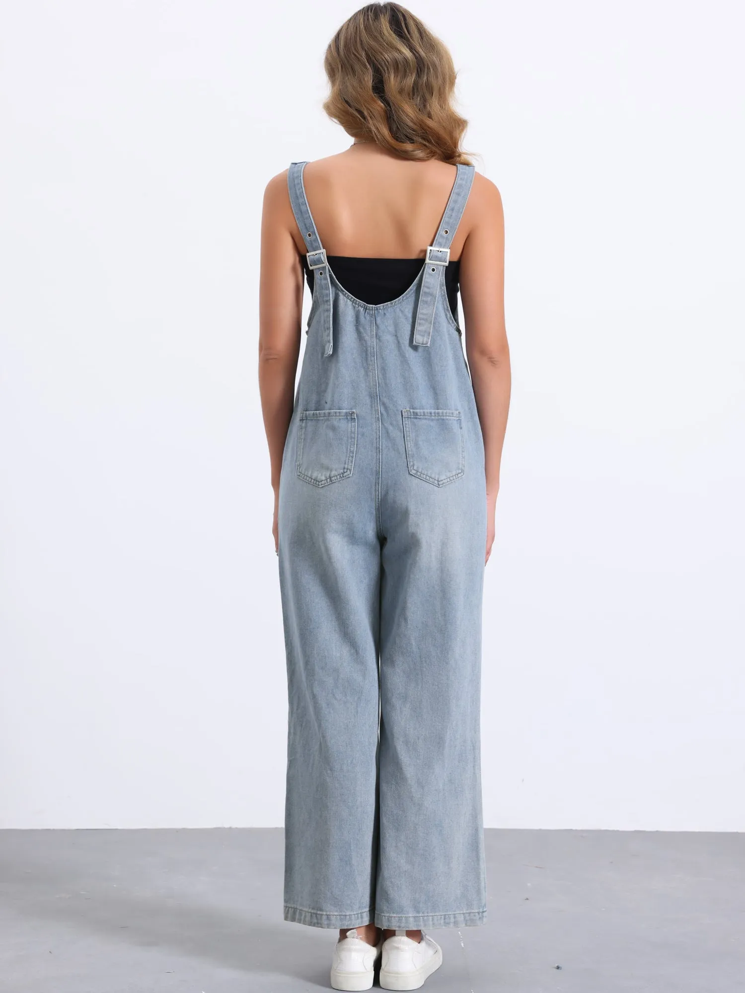 Denim Adjustable Strap Pocketed Wide Leg Jumpsuits