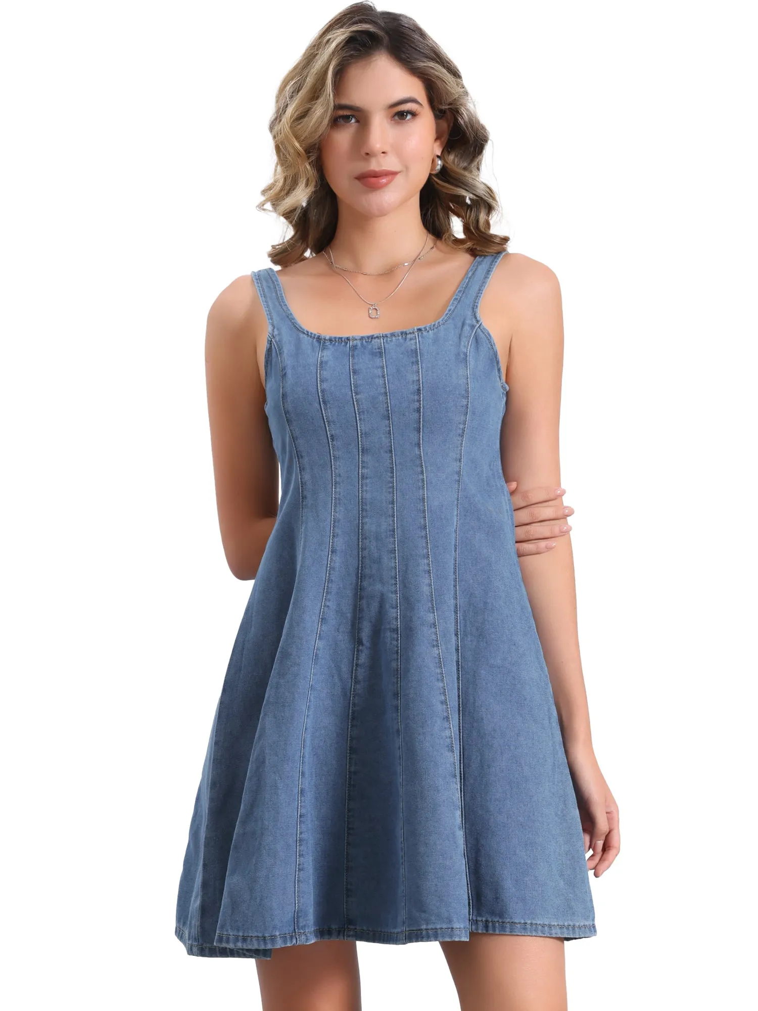 Denim Casual Square Neck A-Line Mini Jean Dress