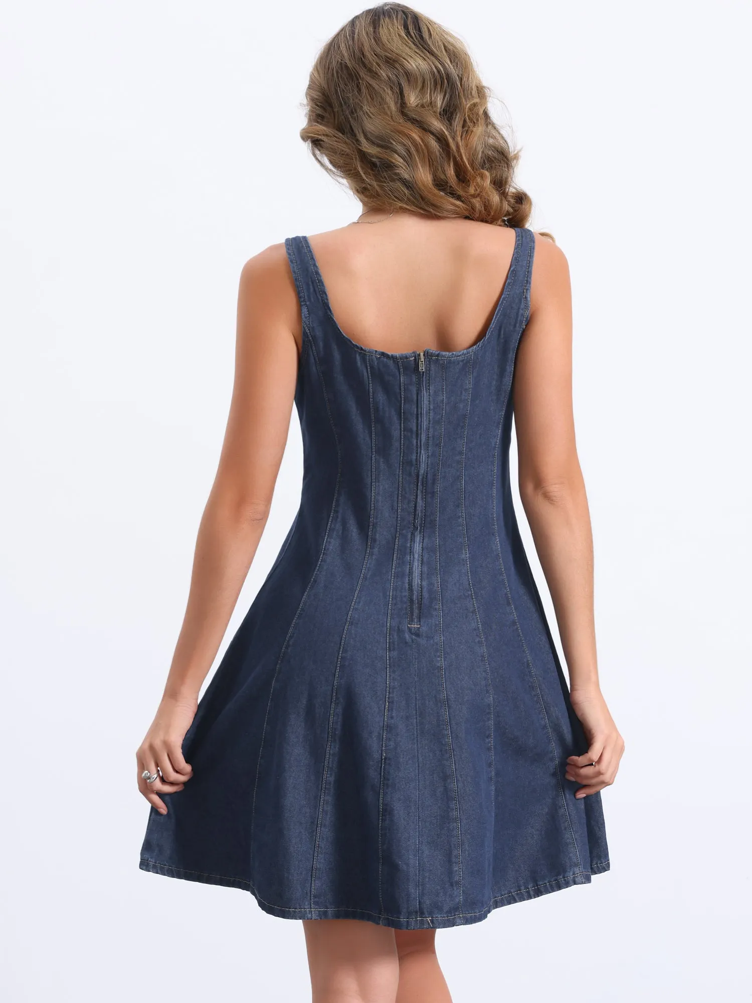 Denim Casual Square Neck A-Line Mini Jean Dress