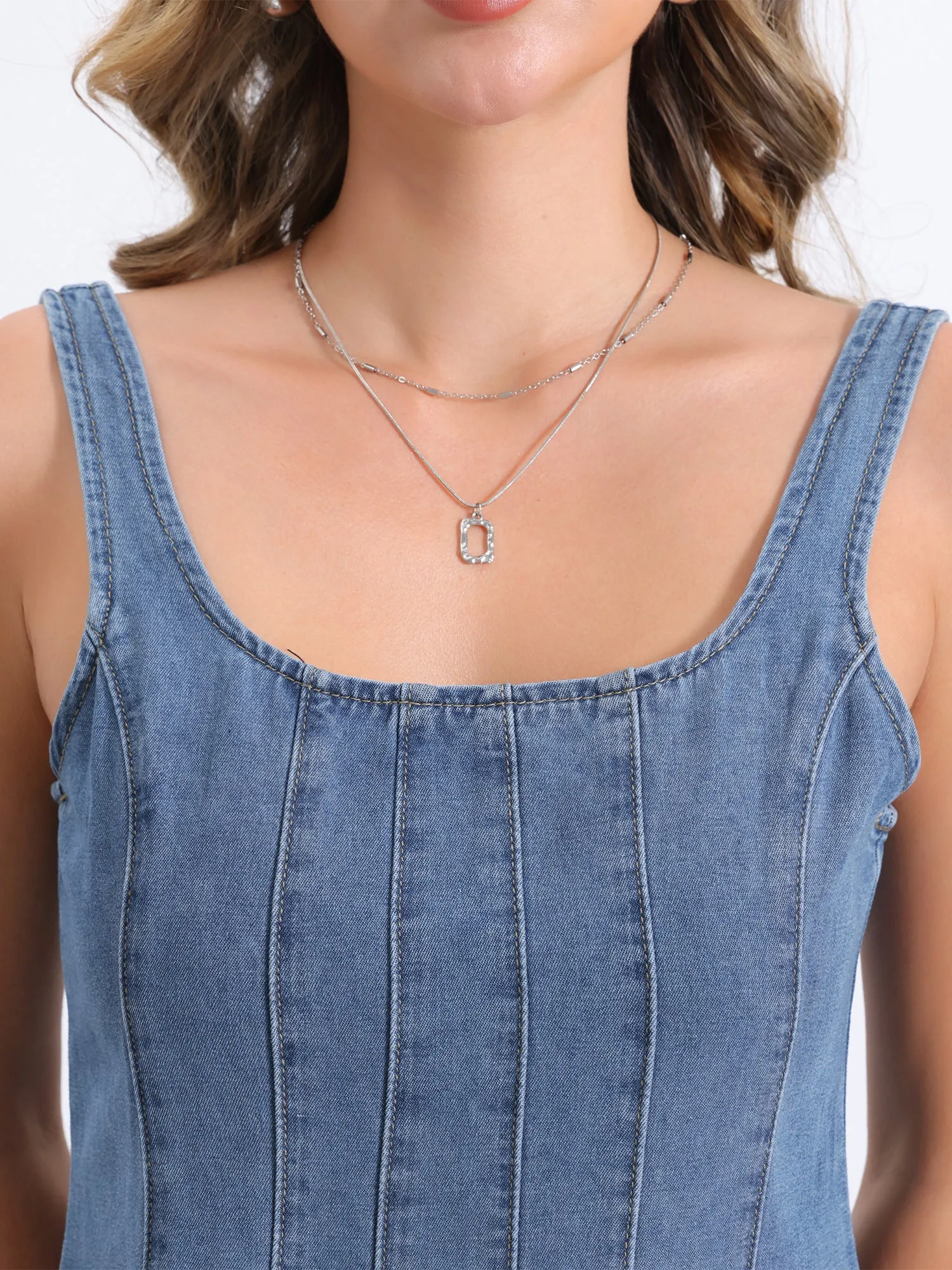 Denim Casual Square Neck A-Line Mini Jean Dress