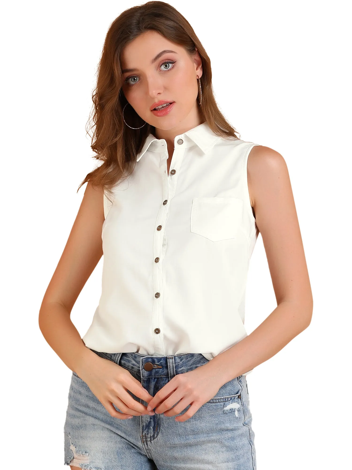 Denim Collar Button Down Casual Office Sleeveless Shirt