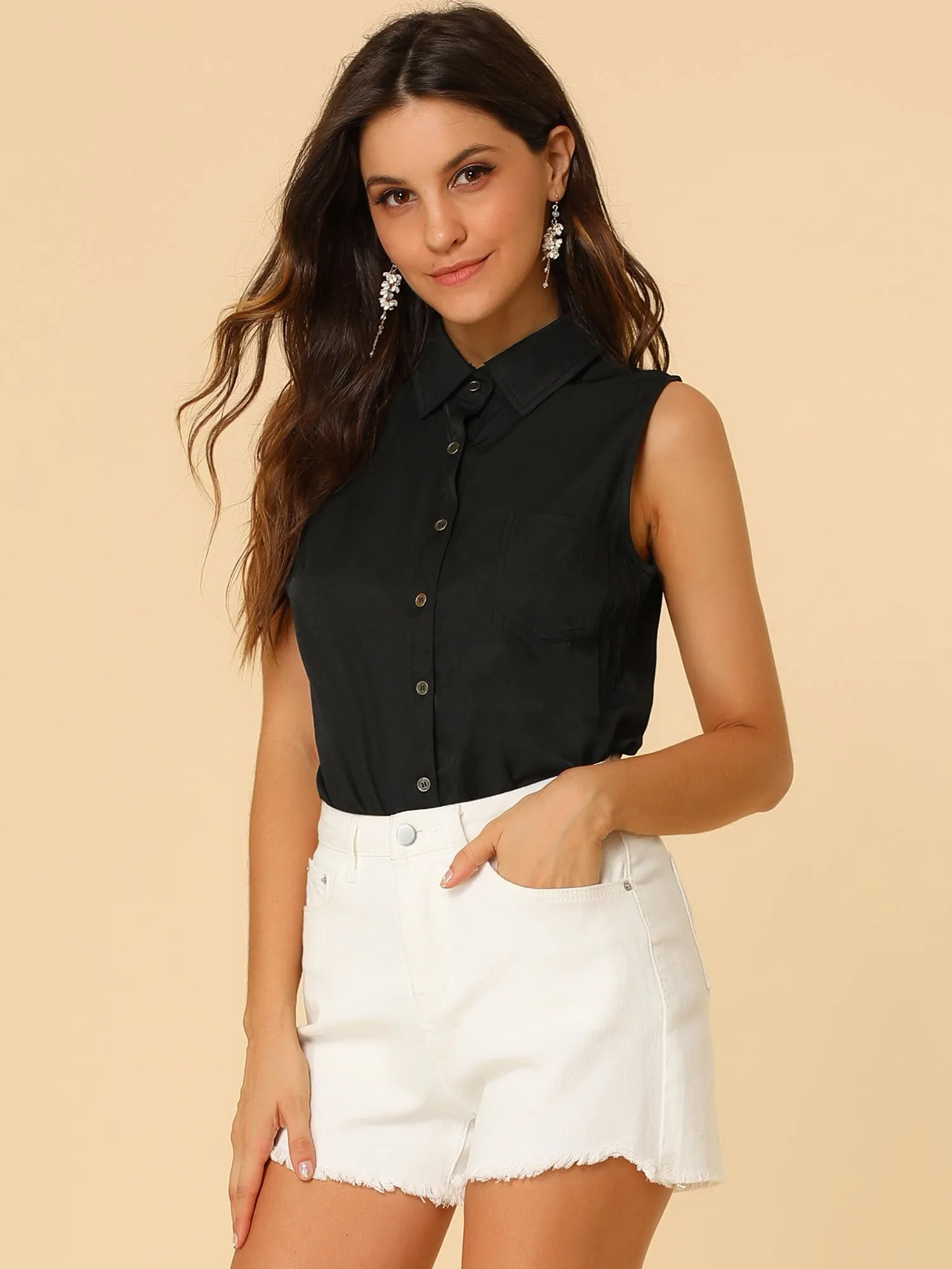 Denim Collar Button Down Casual Office Sleeveless Shirt