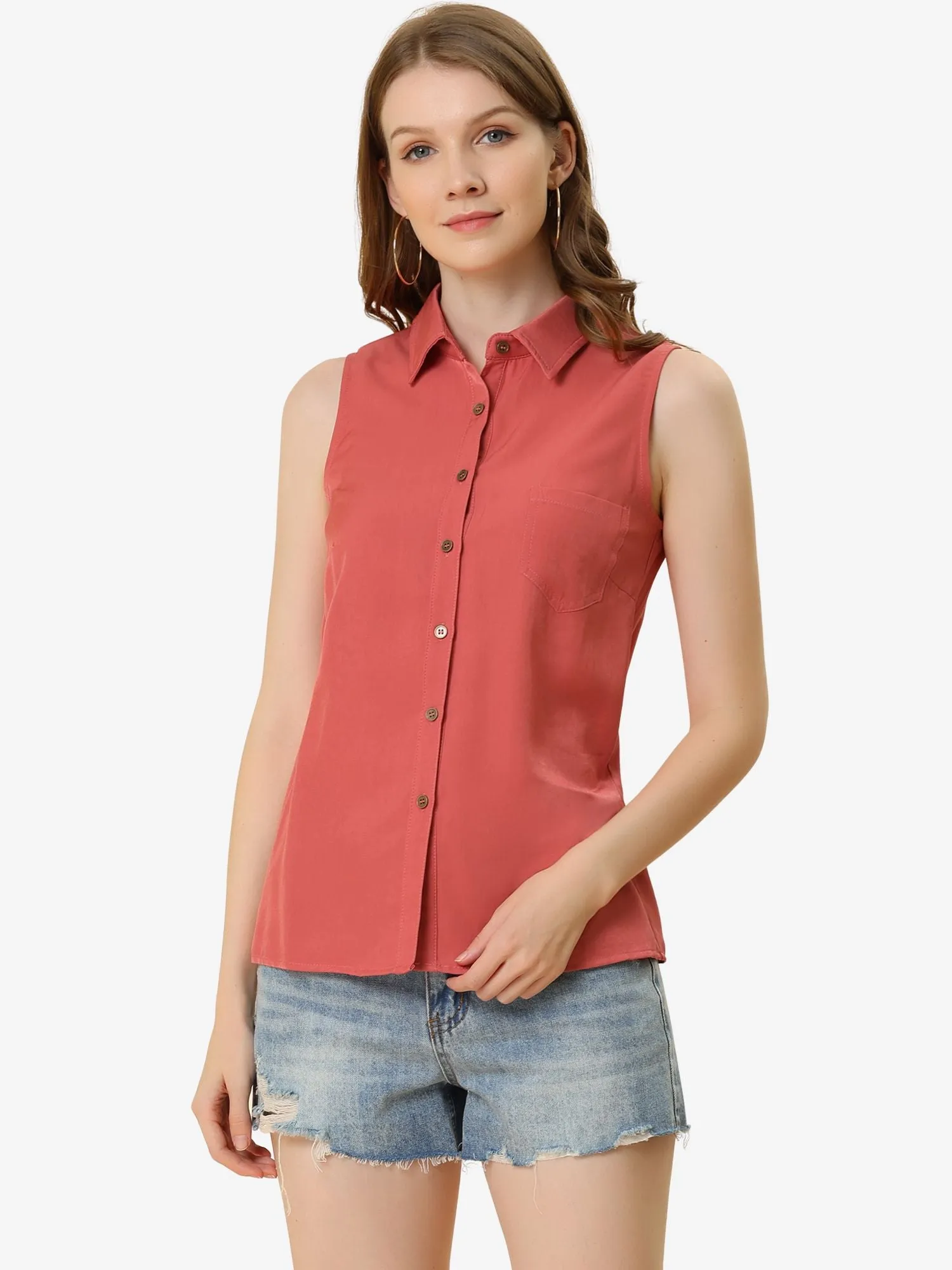 Denim Collar Button Down Casual Office Sleeveless Shirt