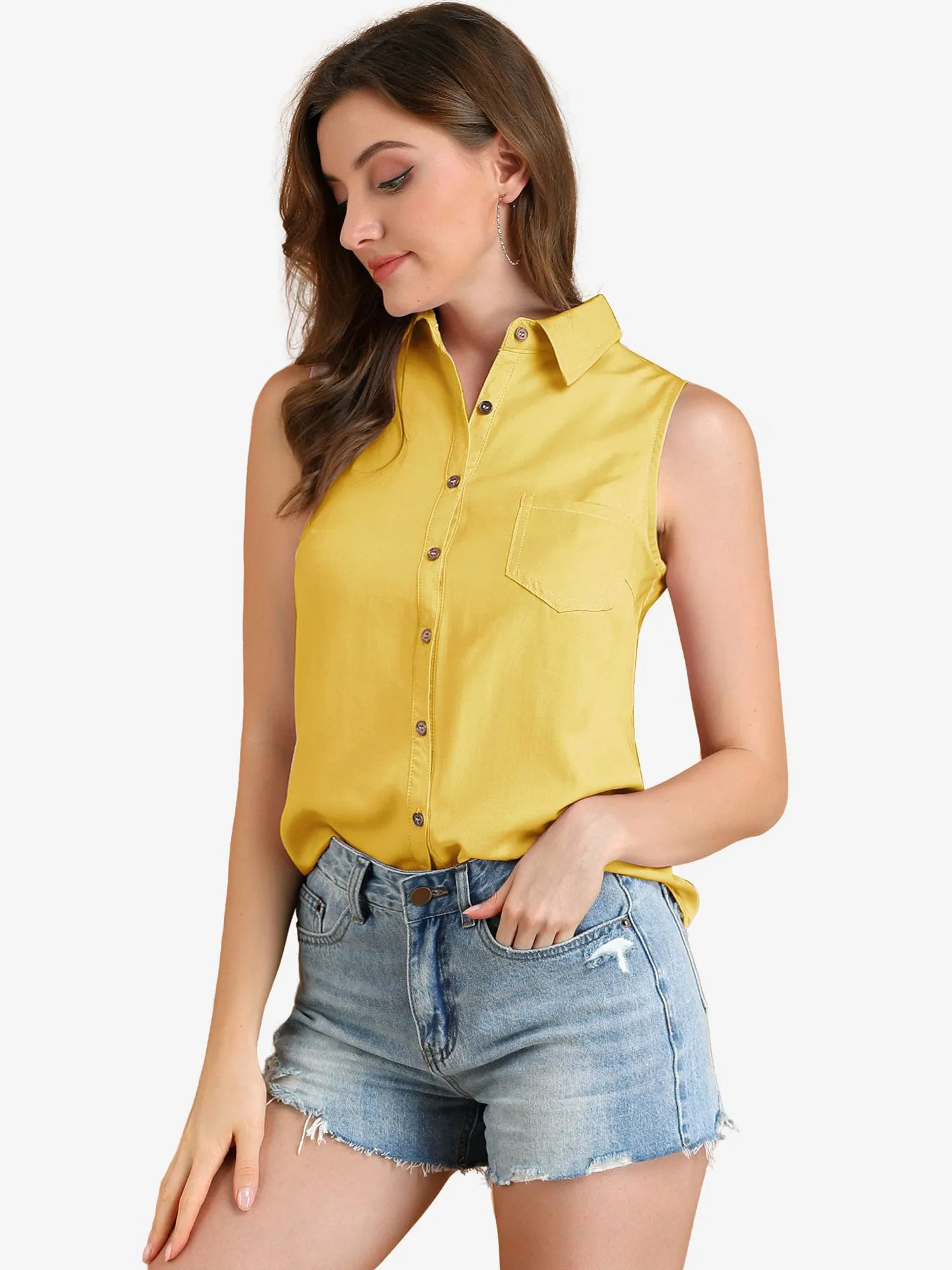 Denim Collar Button Down Casual Office Sleeveless Shirt