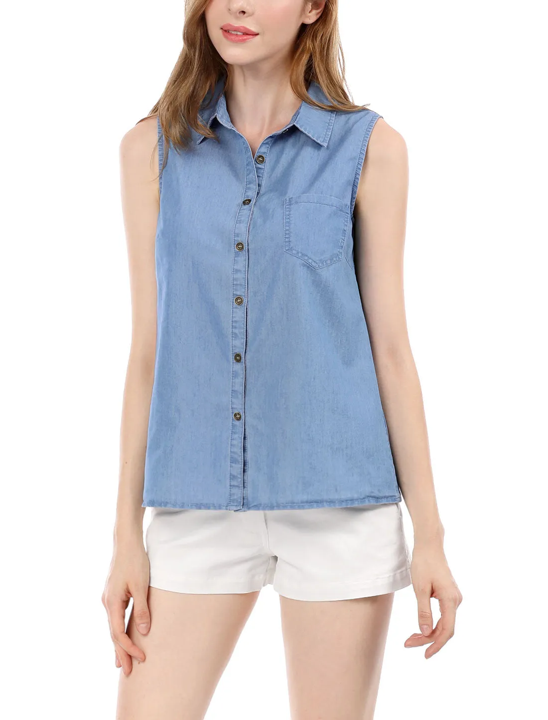 Denim Collar Button Down Casual Office Sleeveless Shirt