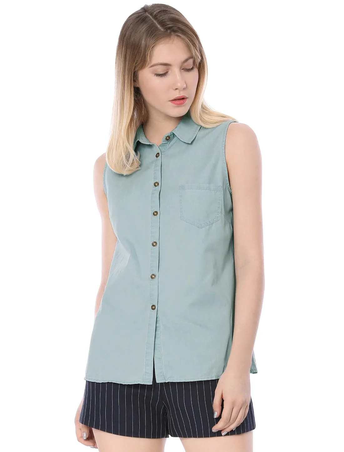 Denim Collar Button Down Casual Office Sleeveless Shirt